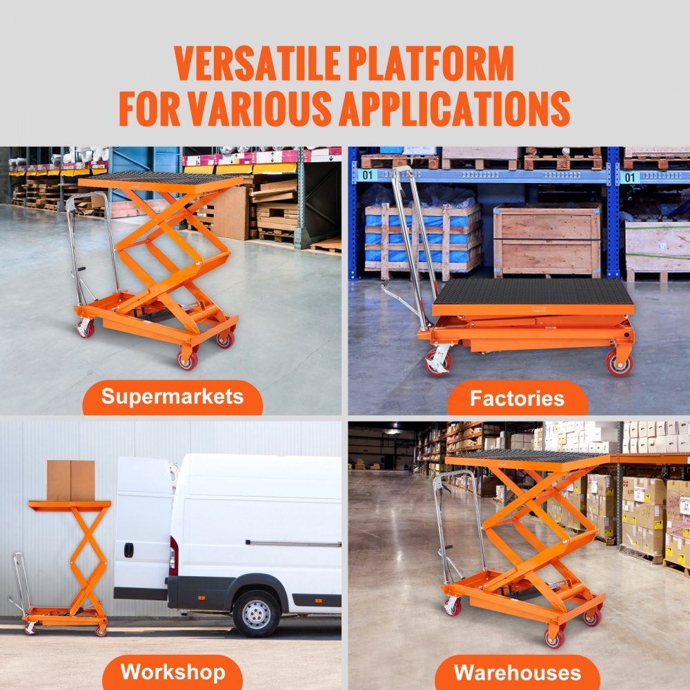 VEVOR Mesa Elevadora Hidráulica Carro Capacidad de Carga 350 kg Elevador Manual de Doble Tijera Altura de Elevación 1530 mm 4 Ruedas Cojín Antideslizante para Manipulación Transporte, Naranja