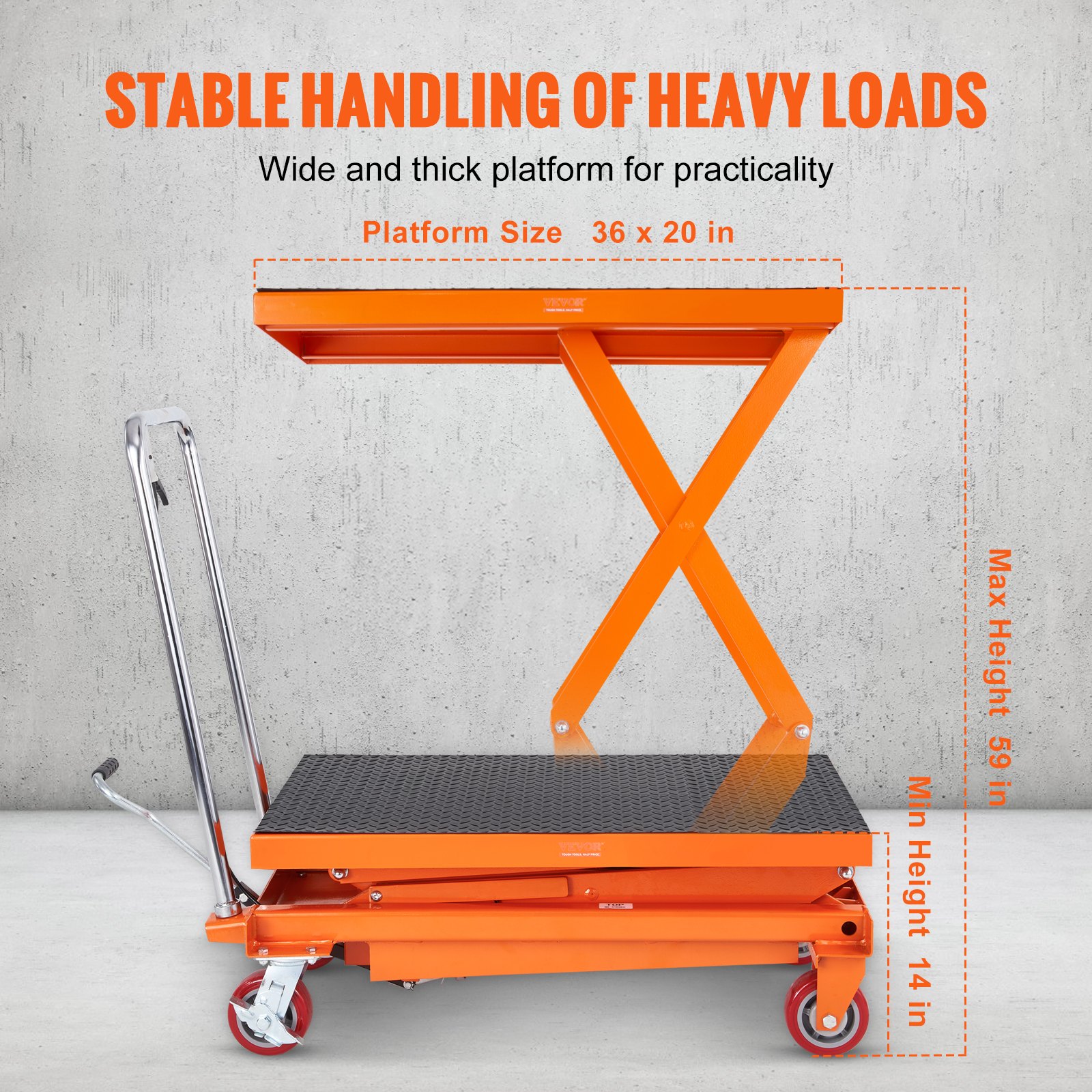 VEVOR Mesa Elevadora Hidráulica Carro Capacidad de Carga 350 kg Elevador Manual de Doble Tijera Altura de Elevación 1530 mm 4 Ruedas Cojín Antideslizante para Manipulación Transporte, Naranja