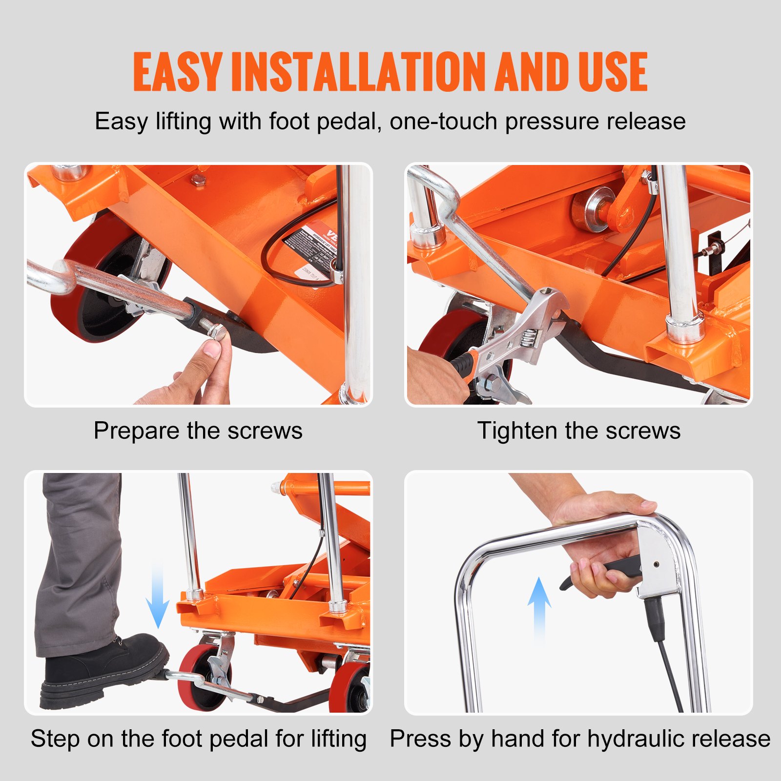 VEVOR Mesa Elevadora Hidráulica Carro Capacidad de Carga 800 kg Elevador Manual de Doble Tijera Altura de Elevación 1500 mm 4 Ruedas Cojín Antideslizante para Manipulación Transporte, Naranja