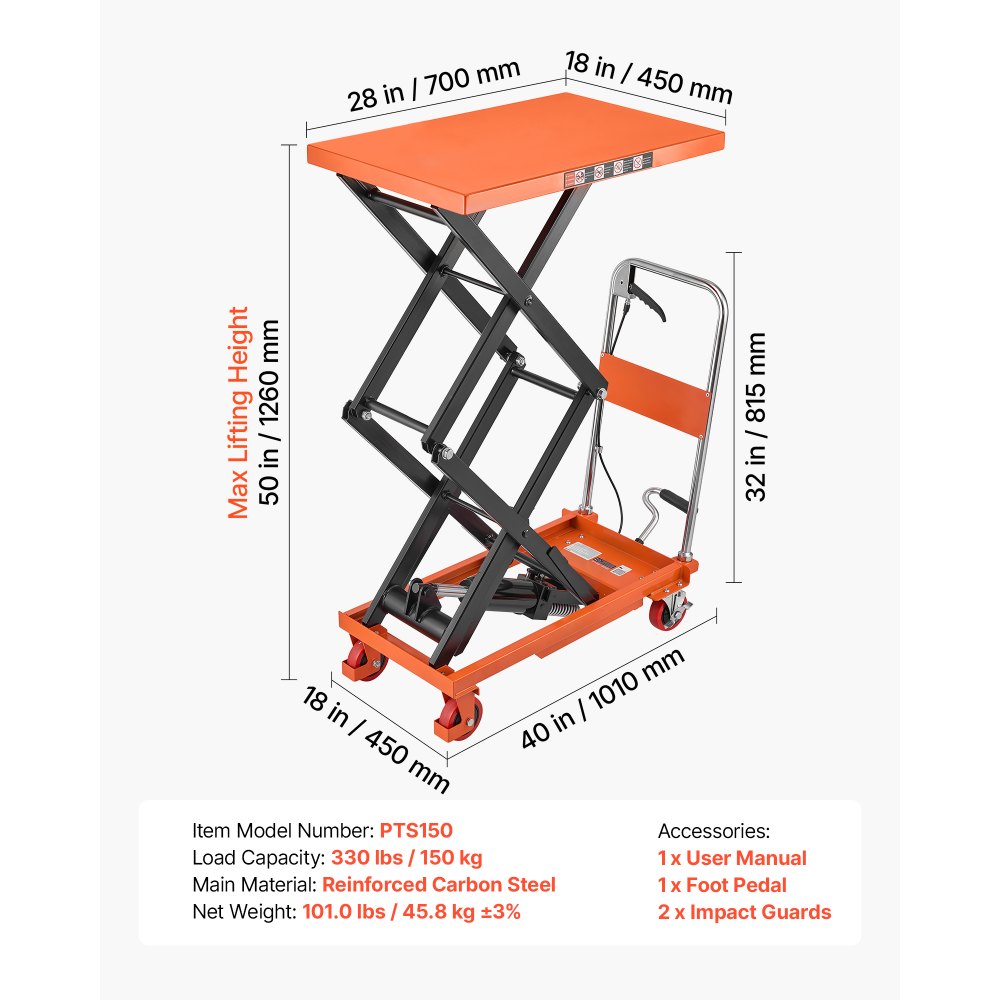 VEVOR Mesa Elevadora Hidráulica Carga Máx. 150 kg Elevación Máx. 126 cm, Carro Hidráulico de Doble Tijera, con Pedal, Mango Plegable, Descenso Controlado y Ruedas PU con Freno para Almacén y Taller
