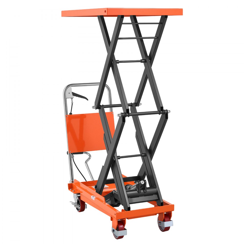 VEVOR Mesa Elevadora Hidráulica Carga Máx. 350 kg Elevación Máx. 127 cm, Carro Hidráulico de Doble Tijera, con Pedal, Mango Plegable, Descenso Controlado y Ruedas PU con Freno para Almacén y Taller