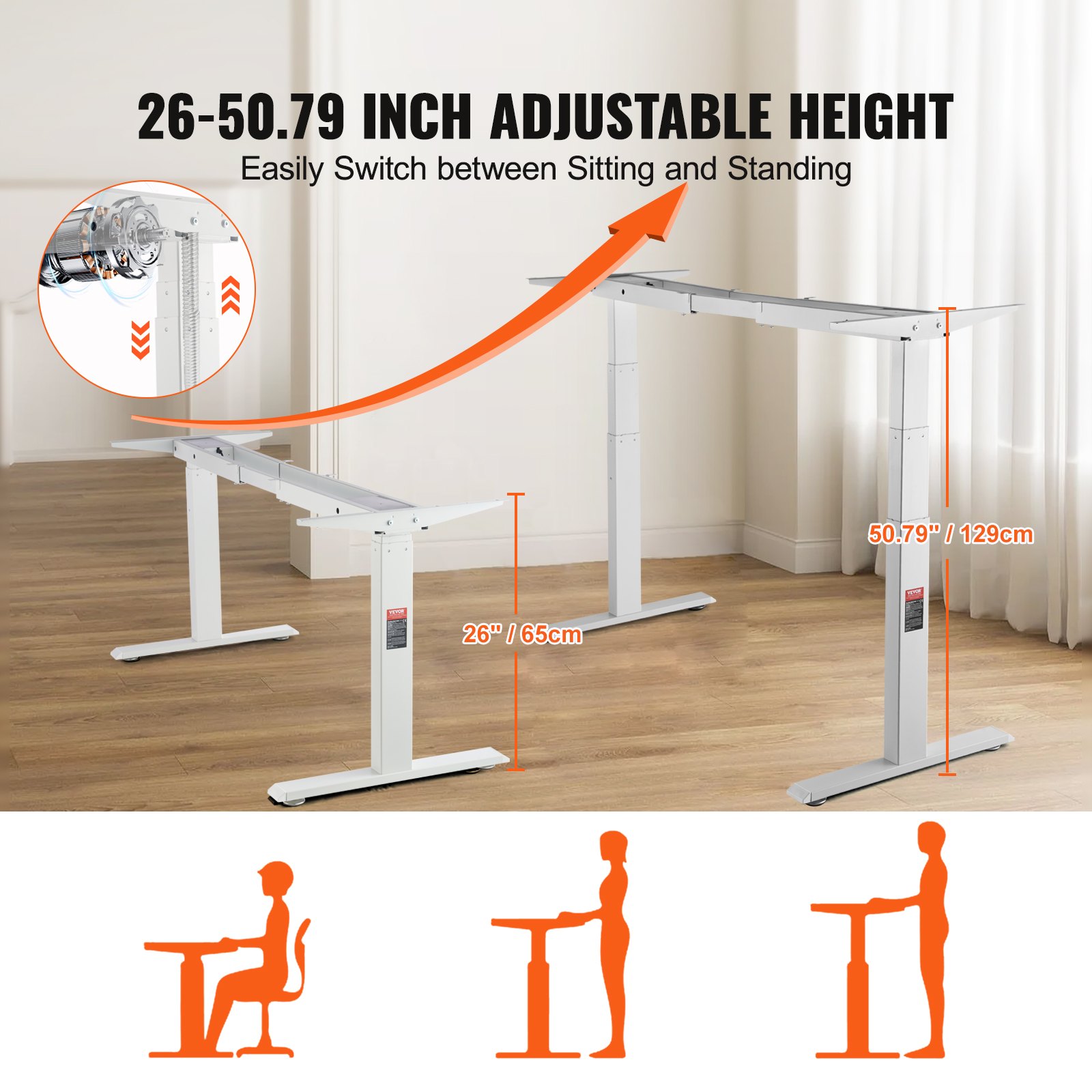 VEVOR Desk Frame with Dual Motor, Adjustable Height 65-129 cm and Length 110-178 cm, Electrically Adjustable Desk Frame, Ergonomic DIY Workstation Base, 3 Positions (Frame Only)