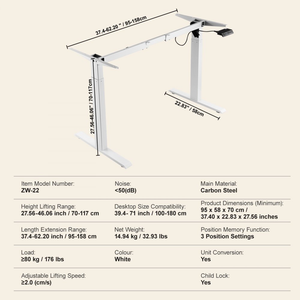VEVOR Desk Frame, Adjustable 70-117 cm Height and 95-158 cm Length, Electric Desk Frame for Computer Desks, Ergonomic DIY Workplace Base for Home Office (White Frame Only)