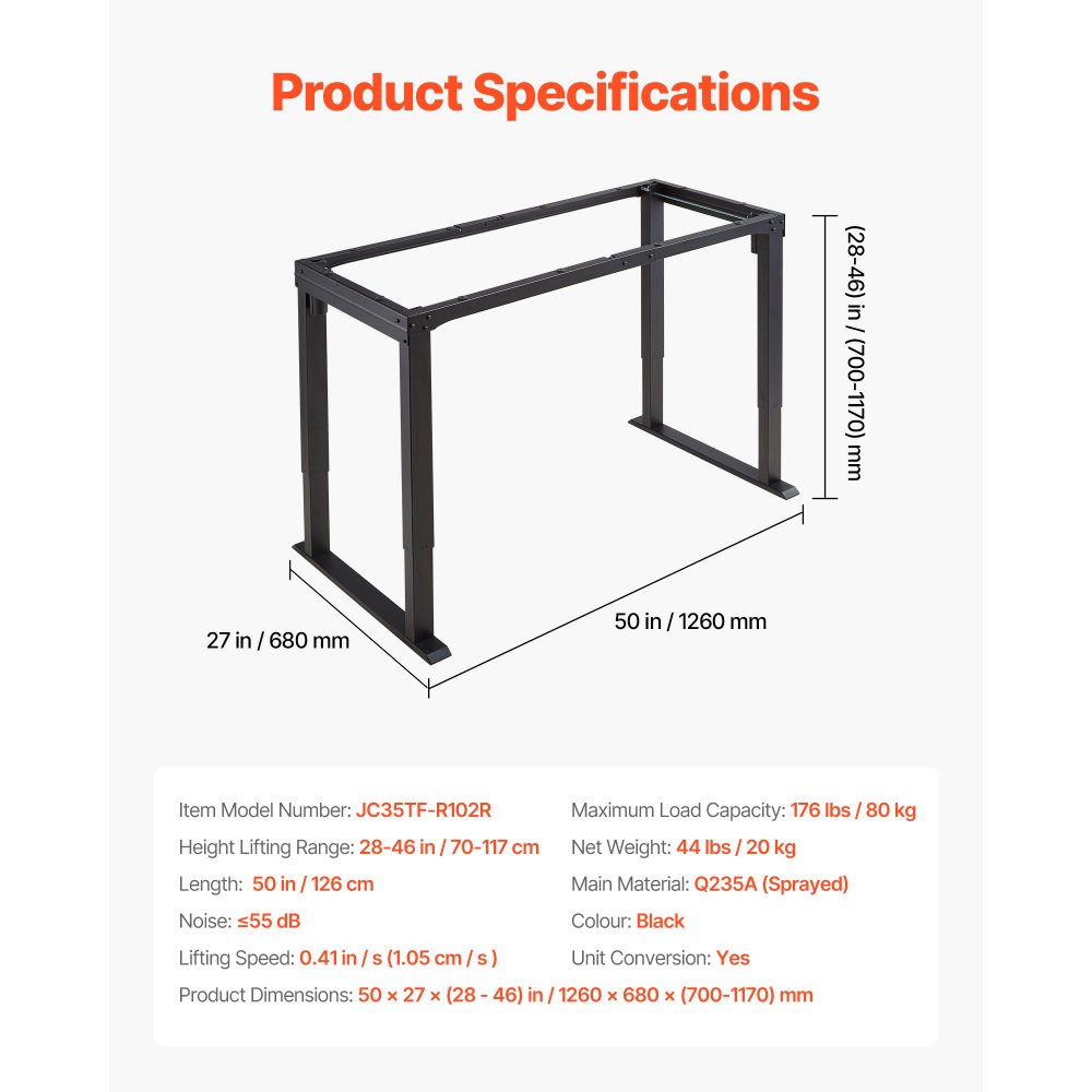 VEVOR Estructura de Mesa Elevable de 4 Patas, Doble Motor, Altura Ajustable 70-117cm, Marco de Escritorio Elevable Eléctrico, 4 Ajustes, Patas de Mesa con Control Inteligente para Oficina Hogar, Negro
