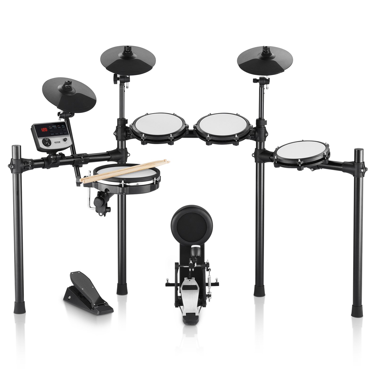 VEVOR E-Drum Set, 32 Drum Kits & 480 Sounds Electronic Drum Kit, USB MIDI-supported 10-inch Silent Mesh Snare E-Drum Set with 10-inch Cymbals, Drumsticks and Pedals, for Beginners & Adults