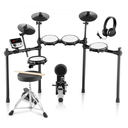VEVOR 32 PCS Kit de Batería Electrónica 480 Sonidos Batería Eléctrica de 20,32 cm con Silla, Caja de Malla Compatible con USB MIDI, 3 Platillos de 25,4 cm, Baquetas y Auriculares para Principiantes