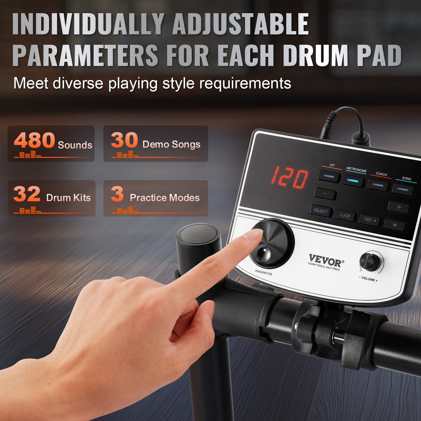 VEVOR E-Drum Set, 32 Drum Kits and 480 Sounds, Electronic Drum Kit, USB-MIDI Supported 203.2 mm Quiet Mesh Snare E-Drum Set with 254 mm Cymbals, Drumsticks and Pedals, E Drums