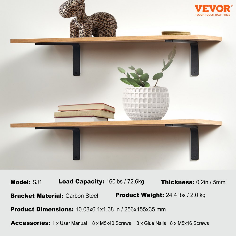 VEVOR shelf brackets, robust floating shelf supports 256 x 155 mm, 4-piece bracket set for shelves, 5 mm thick matte black L-shaped shelf brackets, steel shelf brackets with a load capacity of 72.6 kg
