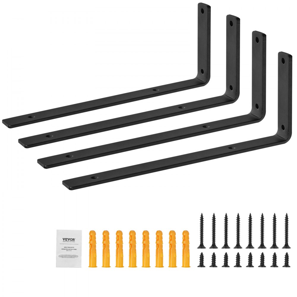 VEVOR shelf brackets, robust floating shelf supports 256 x 155 mm, 4-piece bracket set for shelves, 5 mm thick matte black L-shaped shelf brackets, steel shelf brackets with a load capacity of 72.6 kg
