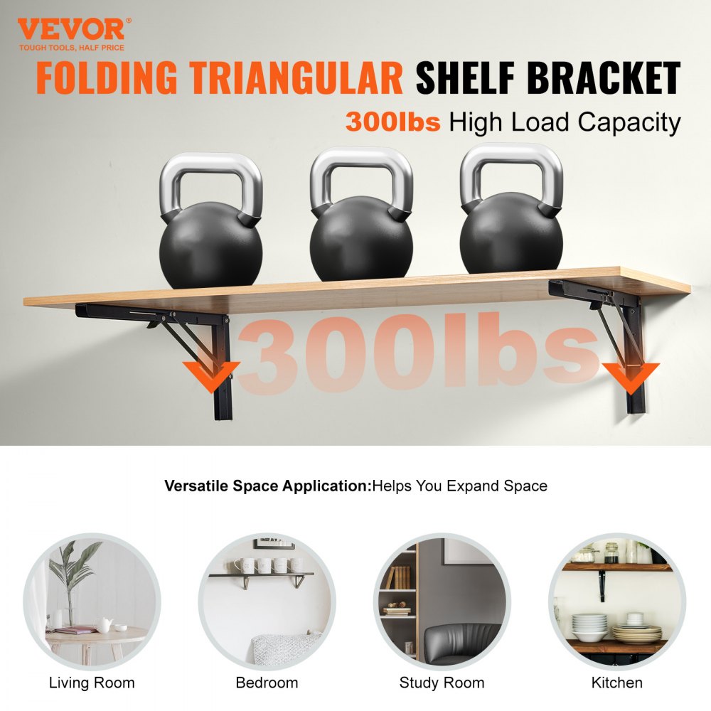 VEVOR Soporte para Estante Plegable Resistente, 2 Unidades, Soportes para Estante Flotantes Resistentes, Soportes para Estantes, Soporte para Estante de Acero con Capacidad de Carga de 136,1 kg