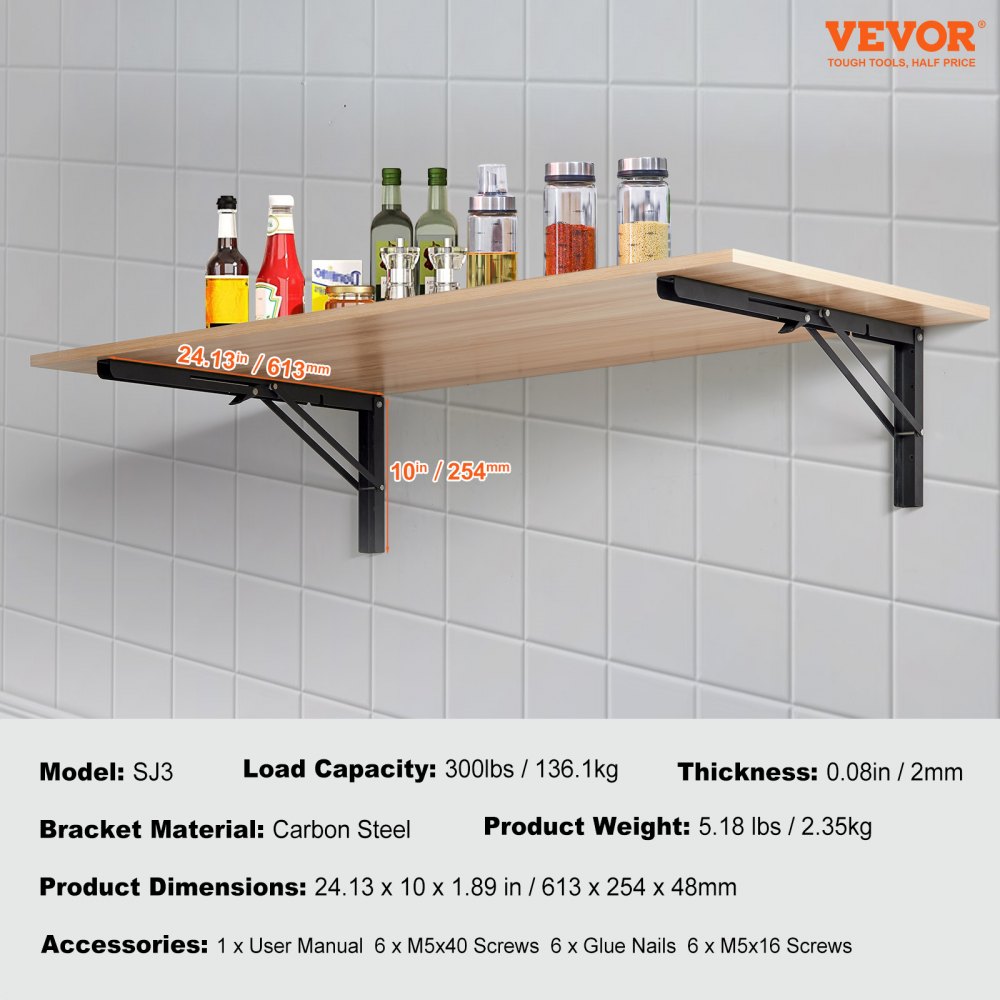 VEVOR Soporte para Estante Plegable Resistente, 2 Unidades, Soportes para Estante Flotantes Resistentes, Soportes para Estantes, Soporte para Estante de Acero con Capacidad de Carga de 136,1 kg