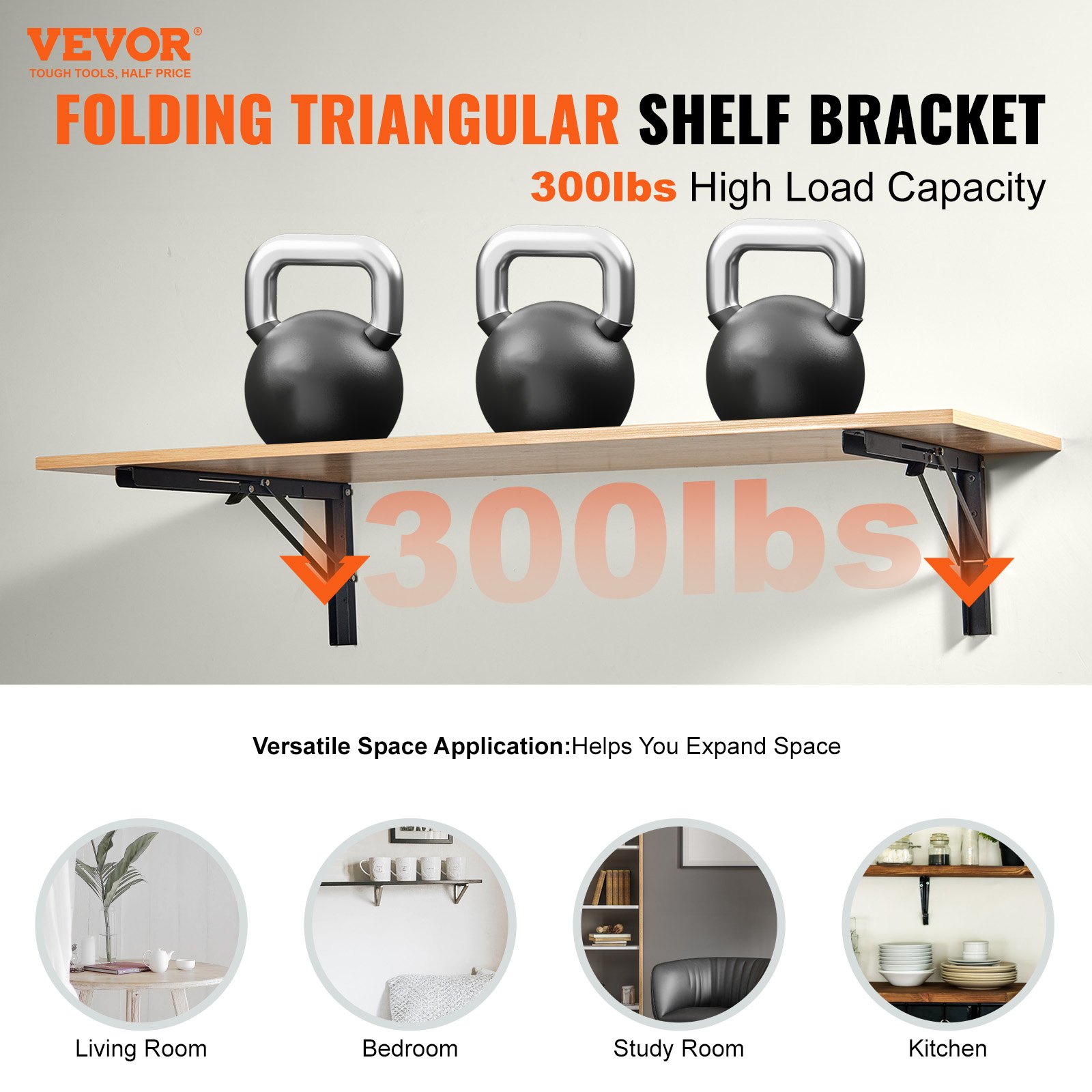 VEVOR Soporte para Estante Plegable Resistente, 2 Unidades, Soportes para Estante Flotantes Resistentes, Soportes para Estantes, Soporte para Estante de Acero con Capacidad de Carga de 136,1 kg