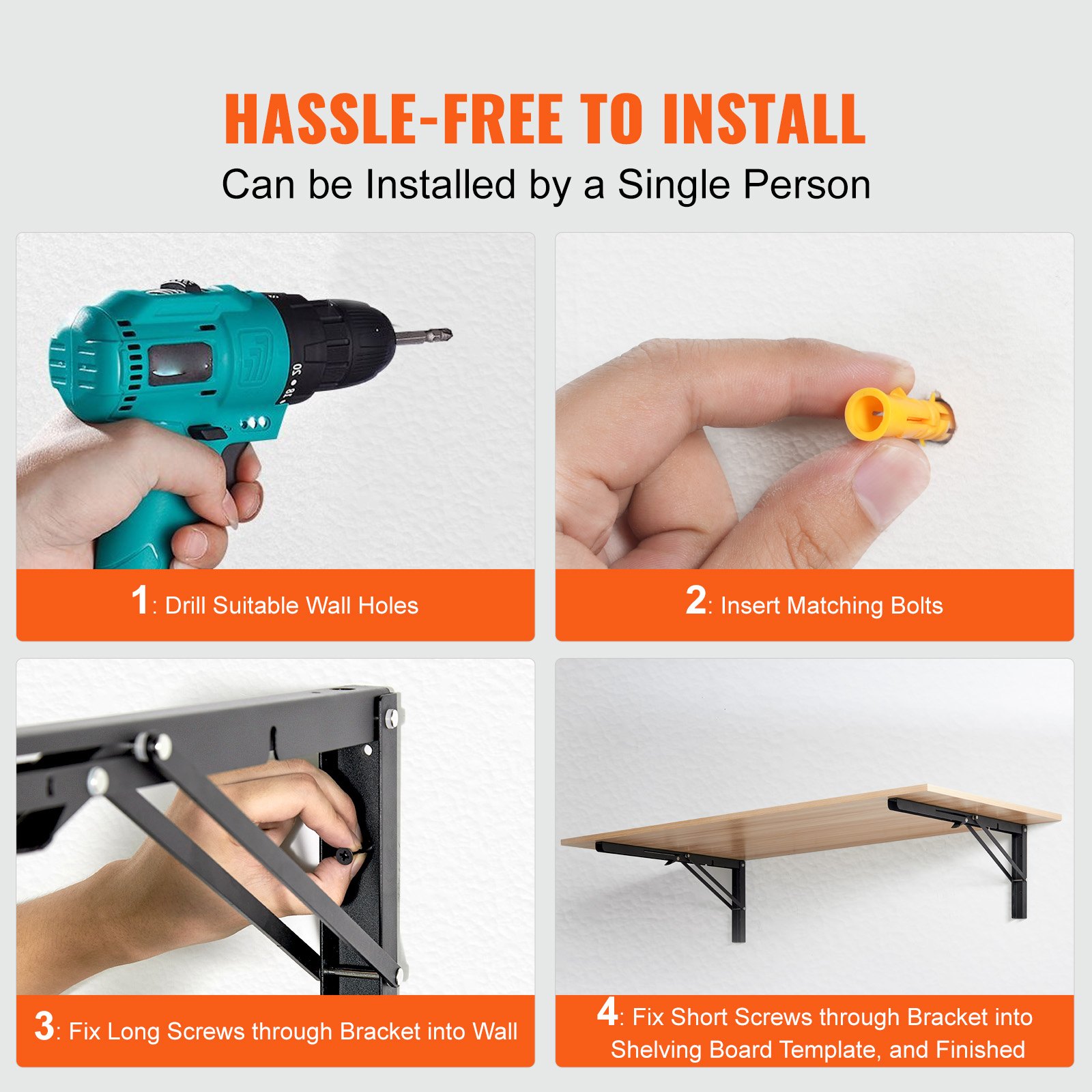 VEVOR Soporte para Estante Plegable Resistente, 2 Unidades, Soportes para Estante Flotantes Resistentes, Soportes para Estantes, Soporte para Estante de Acero con Capacidad de Carga de 136,1 kg