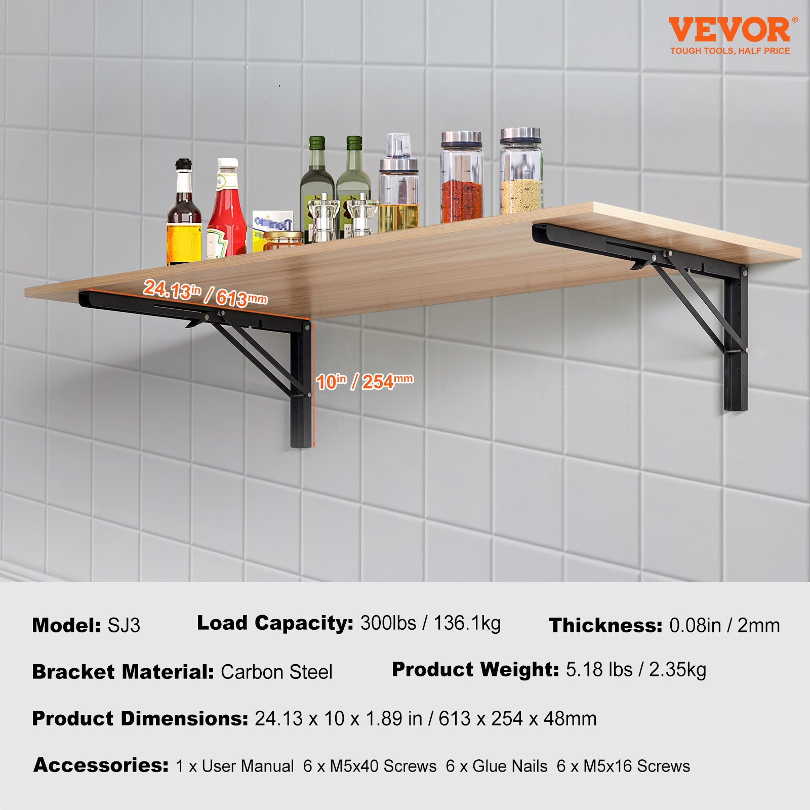 VEVOR Soporte para Estante Plegable Resistente, 2 Unidades, Soportes para Estante Flotantes Resistentes, Soportes para Estantes, Soporte para Estante de Acero con Capacidad de Carga de 136,1 kg