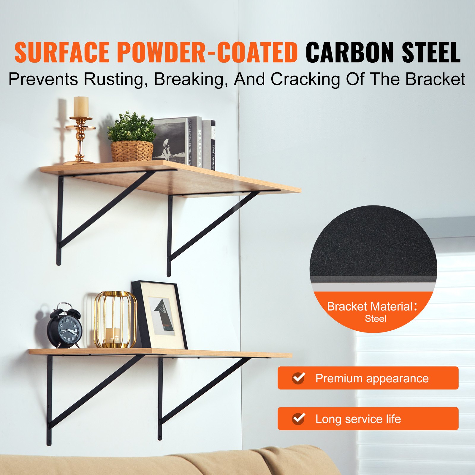 VEVOR shelf bracket, 308 x 209 x 25 mm, 10 pieces, floating shelf supports, shelf brackets, 3 mm thick, matte black triangular shelf bracket, steel shelf bracket with a 72.6 kg load capacity