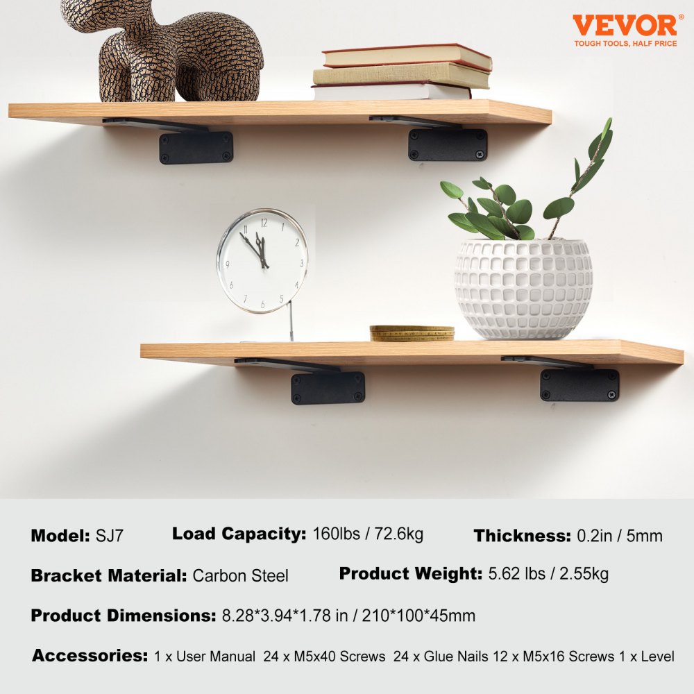 VEVOR Soporte para Estante, 6 Piezas, Soportes para Estantes Flotantes Resistentes, Soportes para Estantes de Color Negro, Soportes para Estantes de Acero con Capacidad de Carga de 72,6 kg