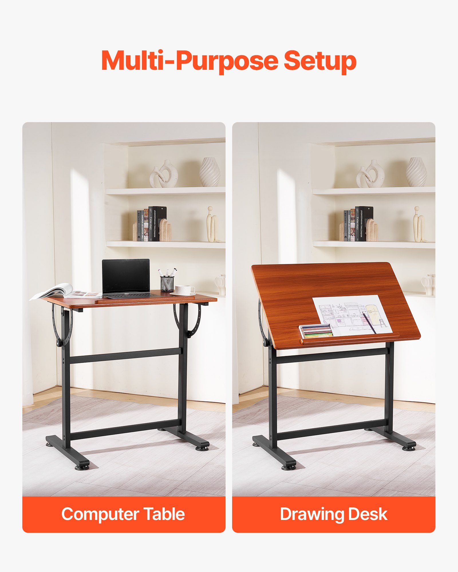 VEVOR Mesa de Dibujo, Mesa de Artista Portátil de 60 x 90 x 91 cm con Estructura en H Negra y Escritorio Marrón, Ajustable de 0° a 90°, Escritorio de Madera para Pintura, Lectura, Escritura