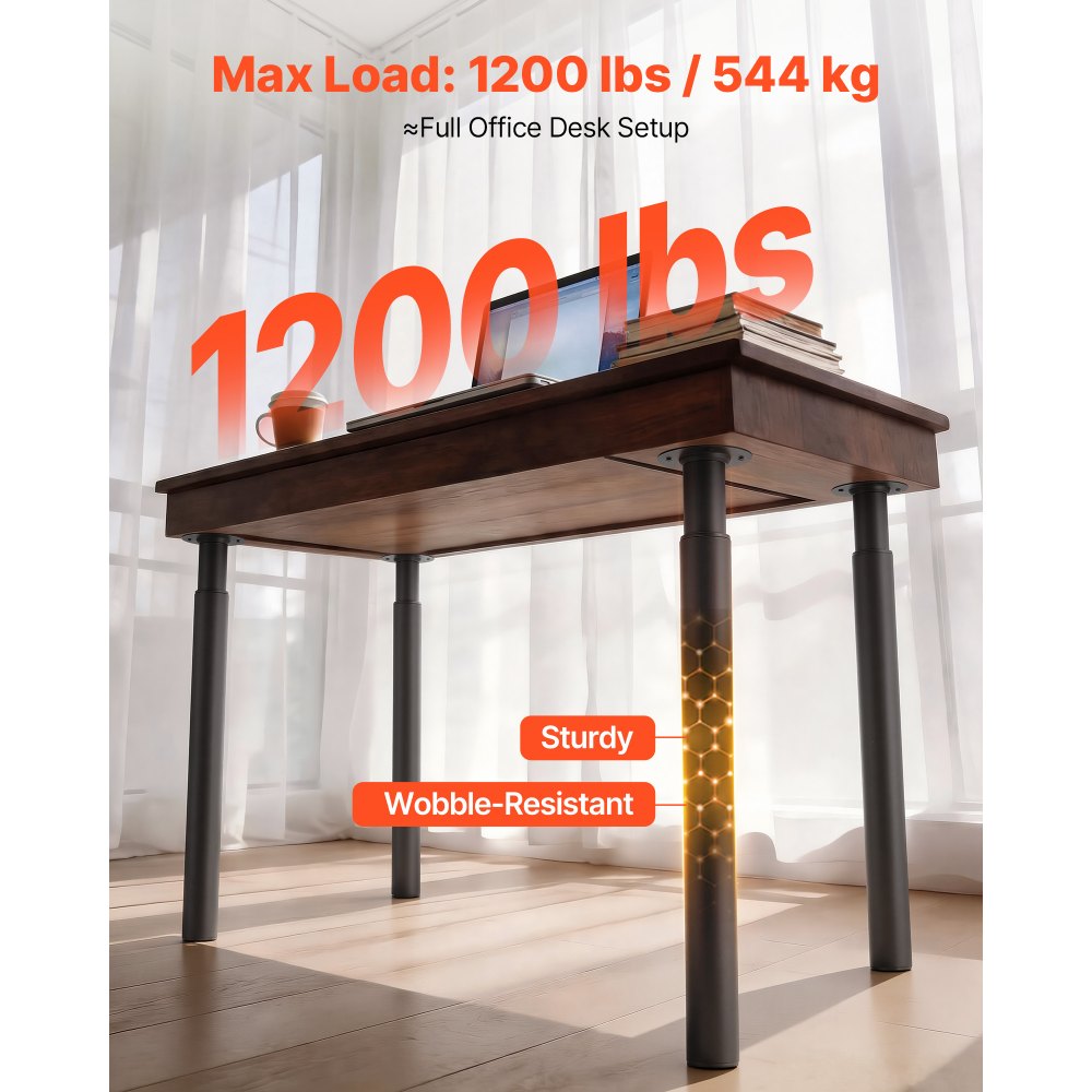 VEVOR Patas Regulables de Mesa de Acero al Carbono, Altura Ajustable 710-1100 mm, Negro, Capacidad Máxima 544 kg, Juego de 4 Patas con Kit de Herrajes para Escritorio, Mesa de Bar, Banco de Trabajo