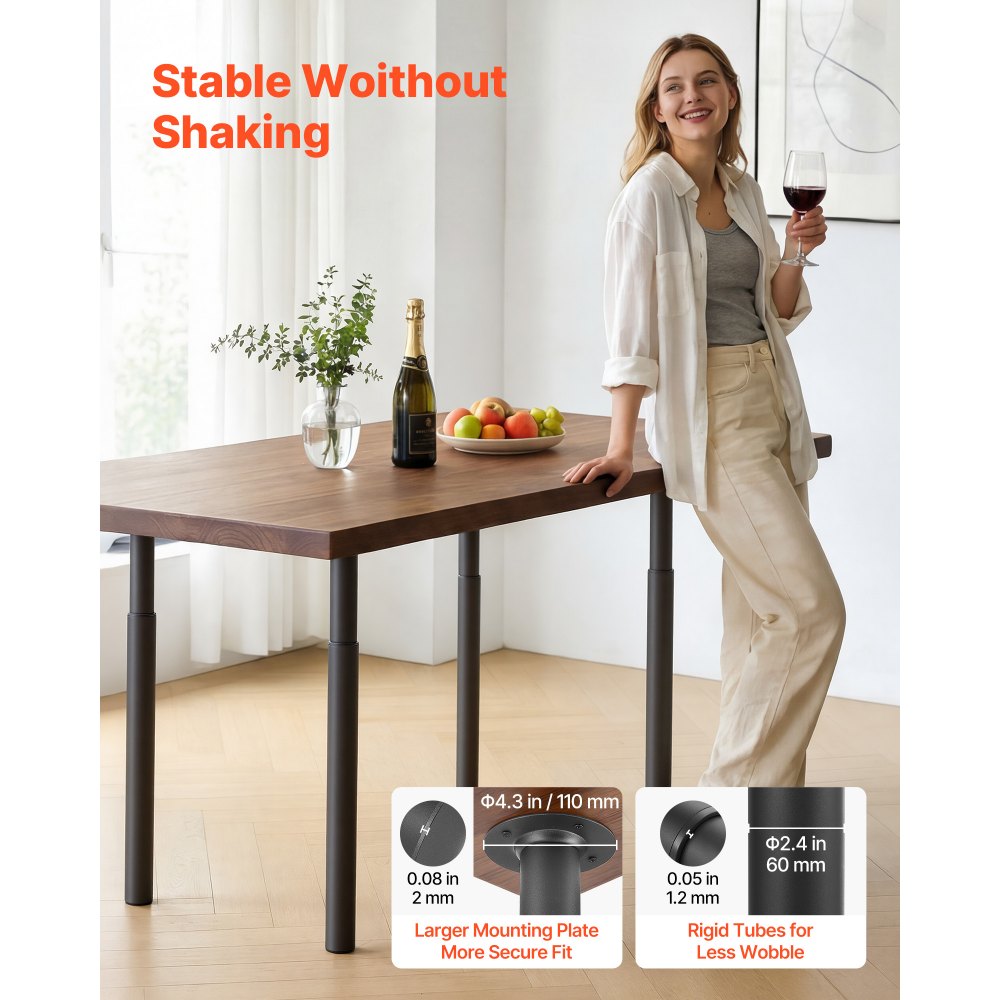 VEVOR Patas Regulables de Mesa de Acero al Carbono, Altura Ajustable 710-1100 mm, Negro, Capacidad Máxima 544 kg, Juego de 4 Patas con Kit de Herrajes para Escritorio, Mesa de Bar, Banco de Trabajo