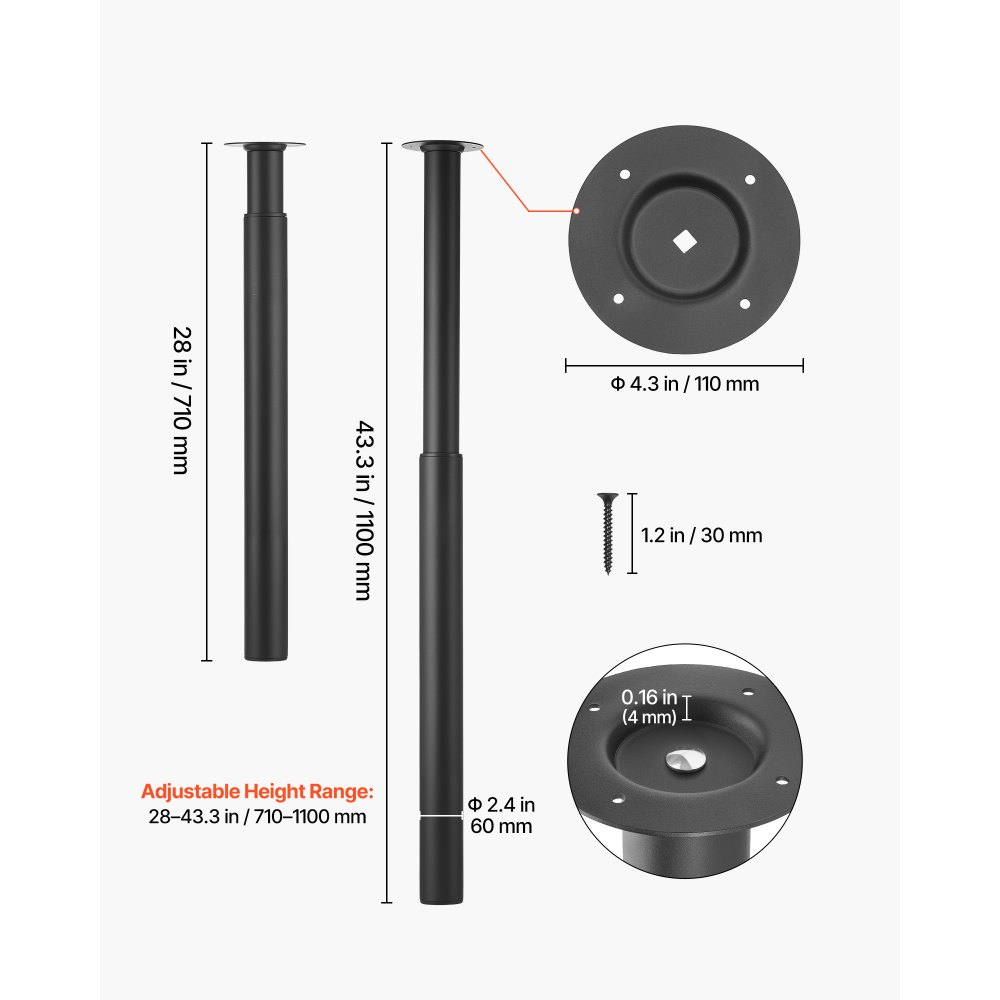 VEVOR Patas Regulables de Mesa de Acero al Carbono, Altura Ajustable 710-1100 mm, Negro, Capacidad Máxima 544 kg, Juego de 4 Patas con Kit de Herrajes para Escritorio, Mesa de Bar, Banco de Trabajo
