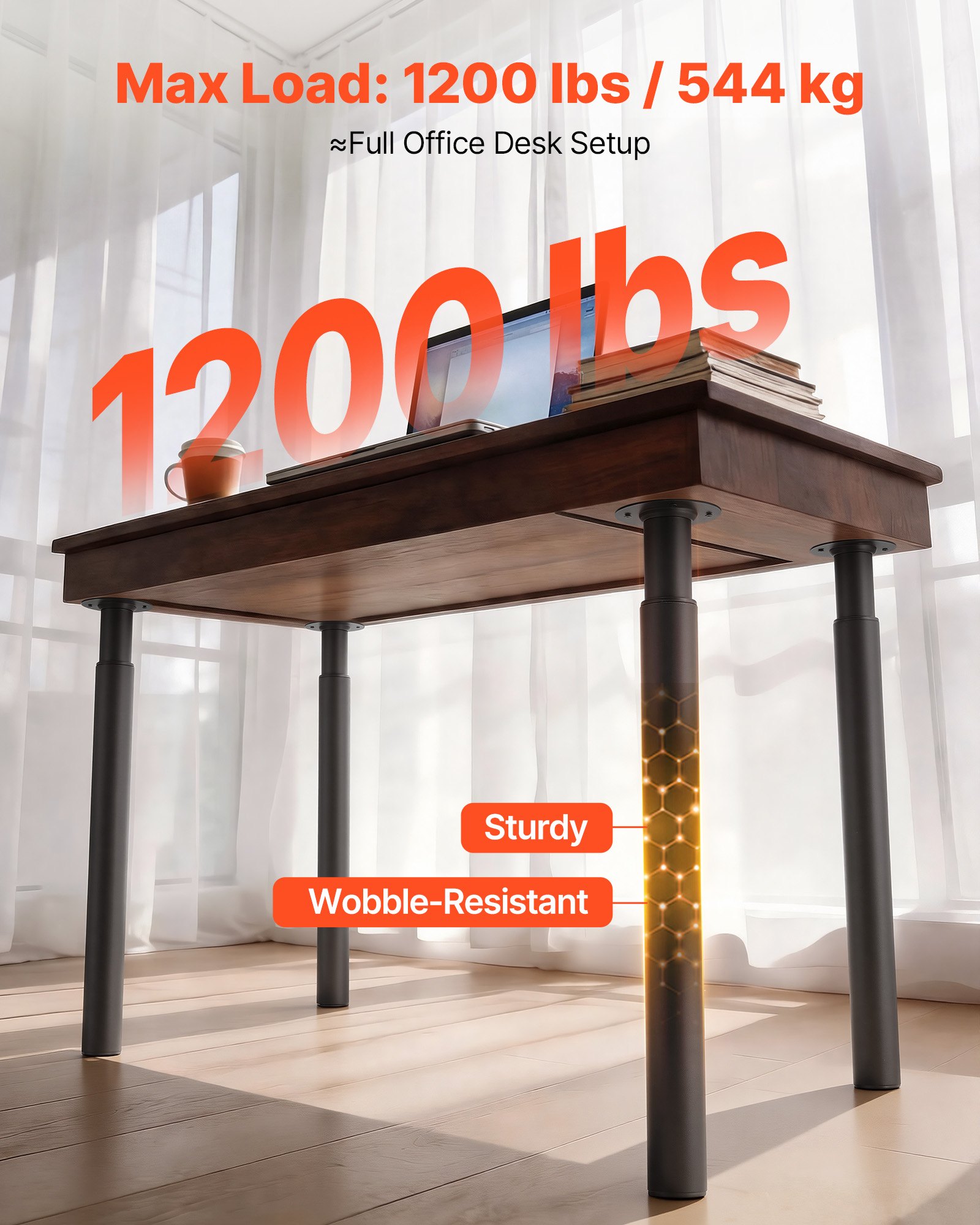 VEVOR Patas Regulables de Mesa de Acero al Carbono, Altura Ajustable 710-1100 mm, Negro, Capacidad Máxima 544 kg, Juego de 4 Patas con Kit de Herrajes para Escritorio, Mesa de Bar, Banco de Trabajo