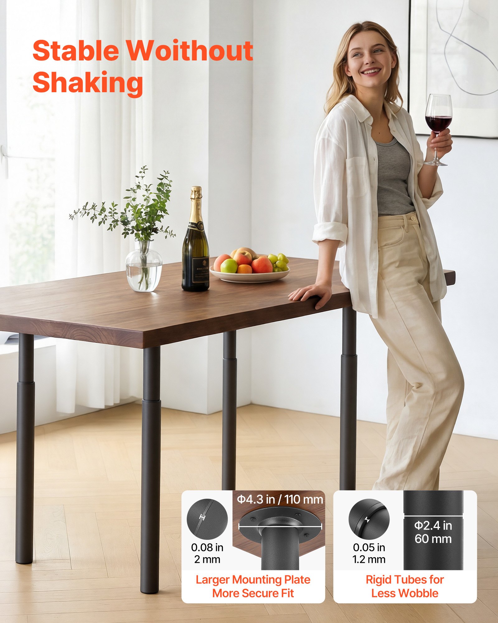 VEVOR Patas Regulables de Mesa de Acero al Carbono, Altura Ajustable 710-1100 mm, Negro, Capacidad Máxima 544 kg, Juego de 4 Patas con Kit de Herrajes para Escritorio, Mesa de Bar, Banco de Trabajo