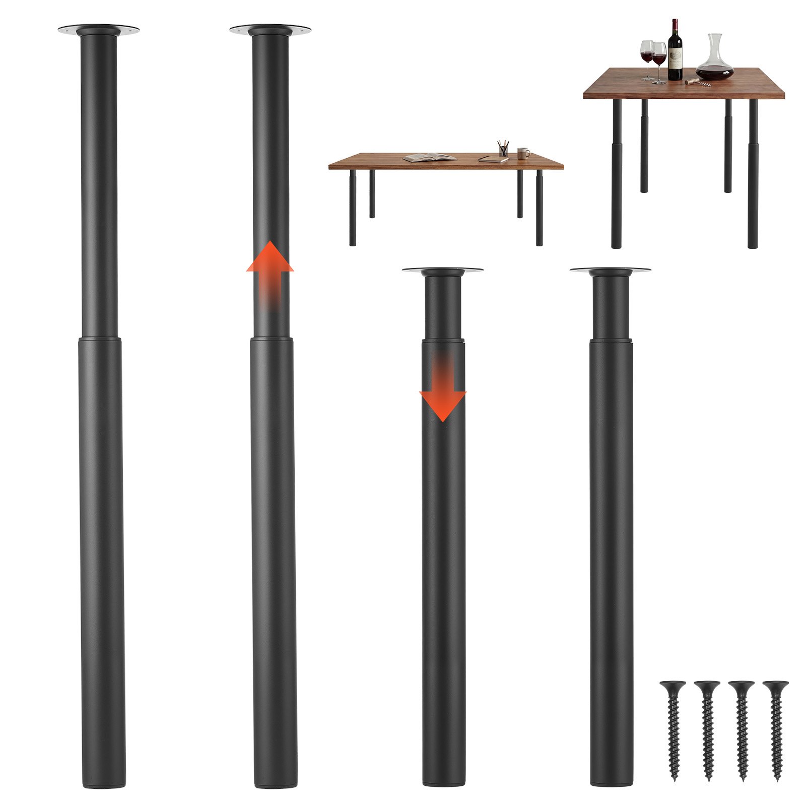 VEVOR Patas Regulables de Mesa de Acero al Carbono, Altura Ajustable 710-1100 mm, Negro, Capacidad Máxima 544 kg, Juego de 4 Patas con Kit de Herrajes para Escritorio, Mesa de Bar, Banco de Trabajo