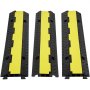Rampa protectora de cables VEVOR en color negro y amarillo, compuesta por tres piezas entrelazadas con superficies texturizadas.