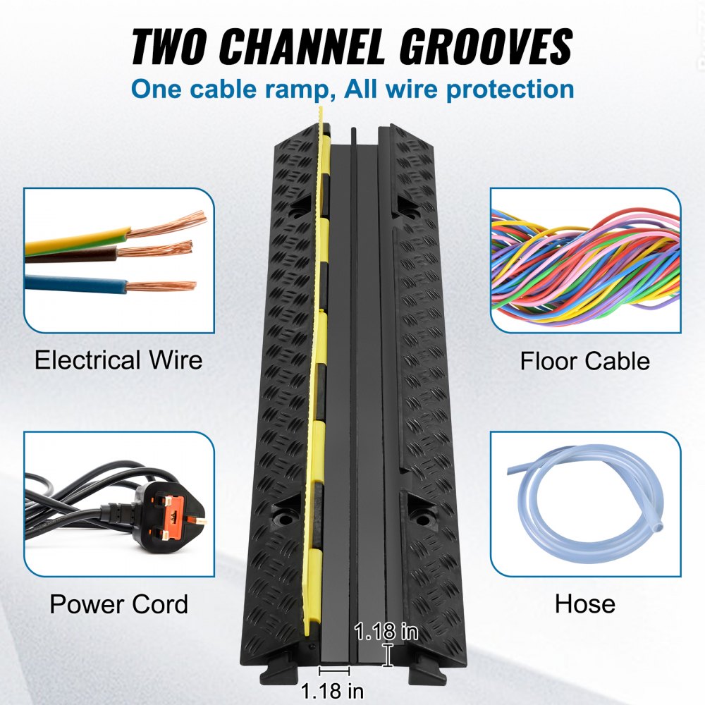 VEVOR Rampa de Protección de Cable 98x24x4,5 cm, 5 Piezas 2 Vías Canaleta Pasacables de Suelo 3 x 3 cm Protector de Cables de Caucho y PVC Capacidad de Carga 5443 kg Cubiertas de suelo para Cables Negro y Amarillo
