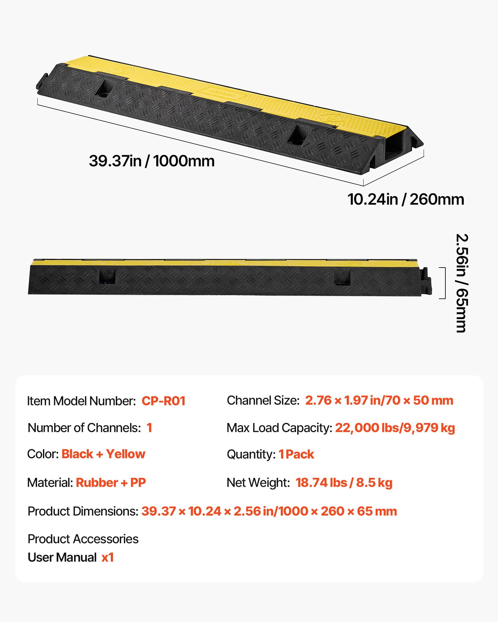 VEVOR Cable Protector Ramp, 9,979 kg/axle Capacity, 1 Channel Heavy Duty Rubber Cord Hose Wire Cover, 70 x 50 mm Channel, Traffic Speed Bump with Flip-Open Top Cover, for Indoor Outdoor Use, 1 Pack