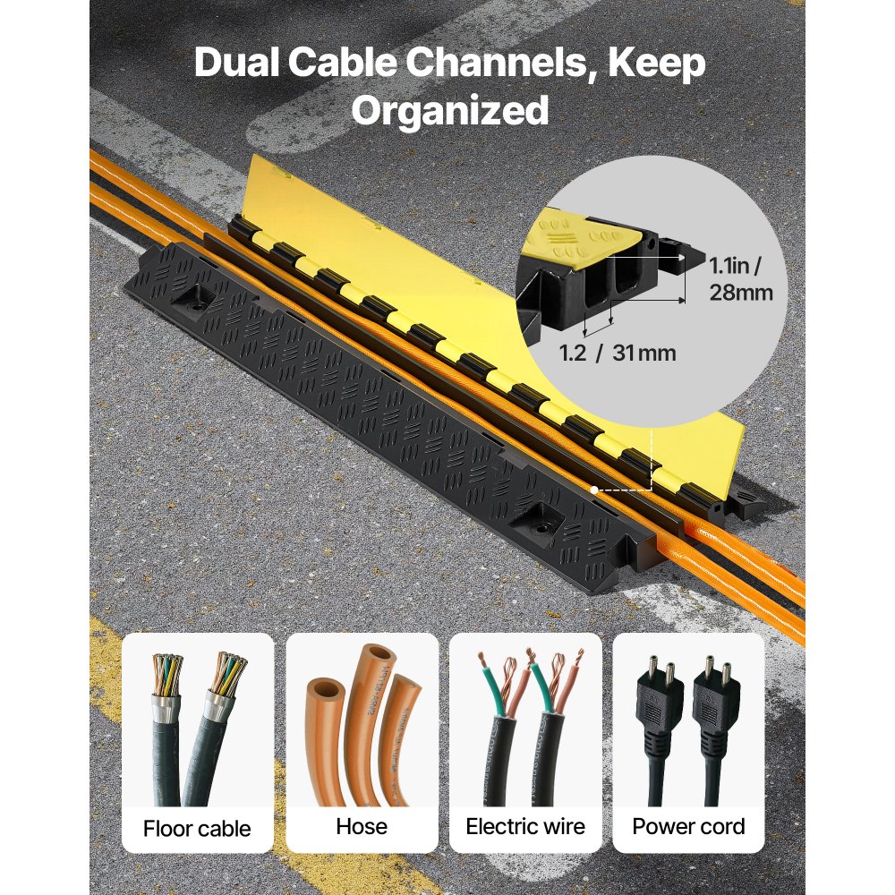 VEVOR Protector de Cables para Suelo de 2 Canales de 31 x 28 mm, Rampa de Protección de Cable Carga de Capacidad de 9979 kg, Rampa para Interiores, Exteriores, Hogar, Oficina, Almacén, 3 Piezas
