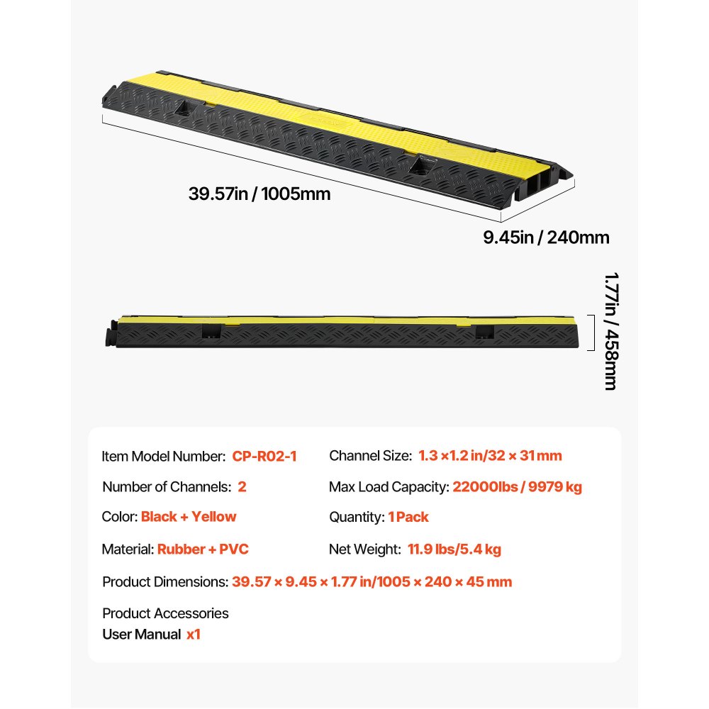 VEVOR Protector de Cables para Suelo de 2 Canales de 32 x 31 mm, Rampa de Protección de Cable Carga de Capacidad de 9979 kg, Rampa de Caucho para Interiores, Exteriores, Hogar, Oficina, Almacén