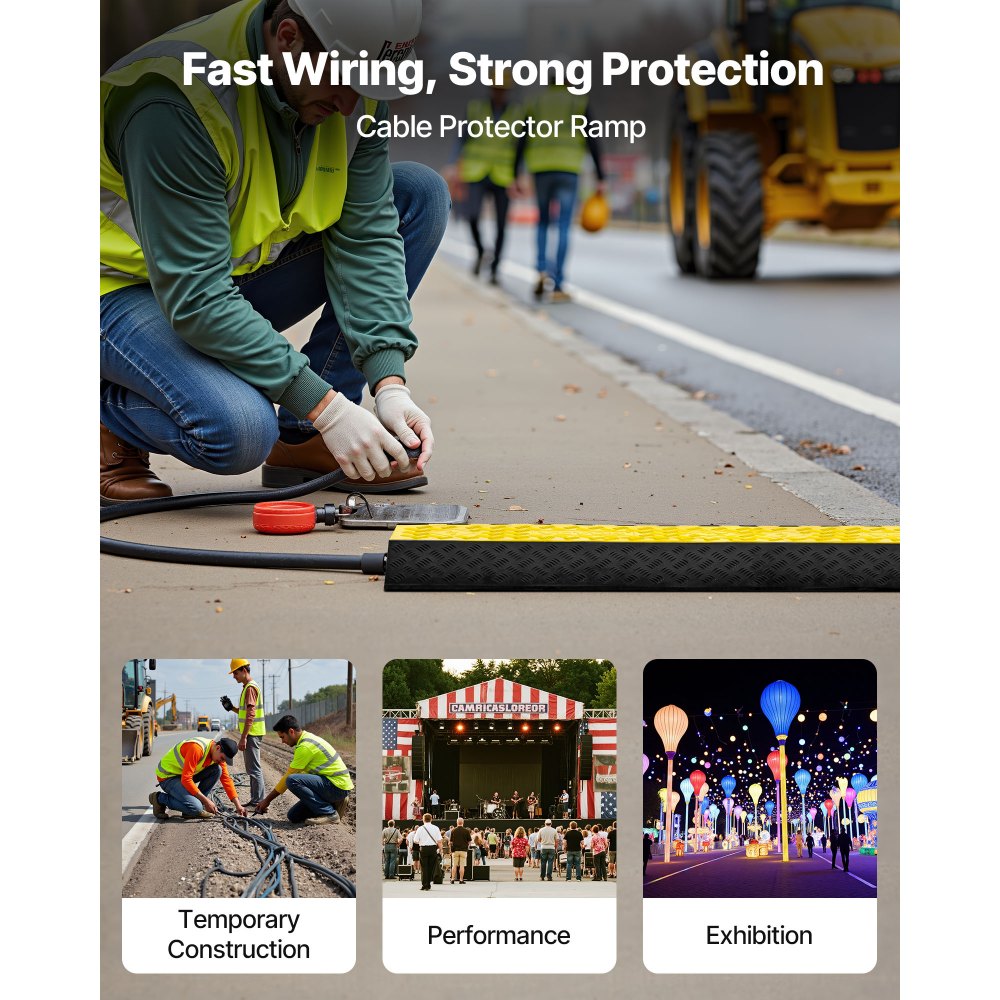 VEVOR Cable Protector Ramp, 9,979 kg/axle Capacity, 2 Channel Heavy Duty Rubber Cord Hose Wire Cover, 100 x 75 mm Channel, Traffic Speed Bump with Flip-Open Top Cover, for Indoor Outdoor Use, 1 Pack