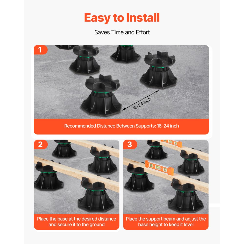 VEVOR Bloques de Terraza 8 Unidades, Carga 997,90 kg, Pedestal de Plástico, Adoquín, Elevación: 90-118 mm, Altura Ajustable, Base para Cobertizo, Madera, Hormigón y Metal, 197 x 197 x 113 mm