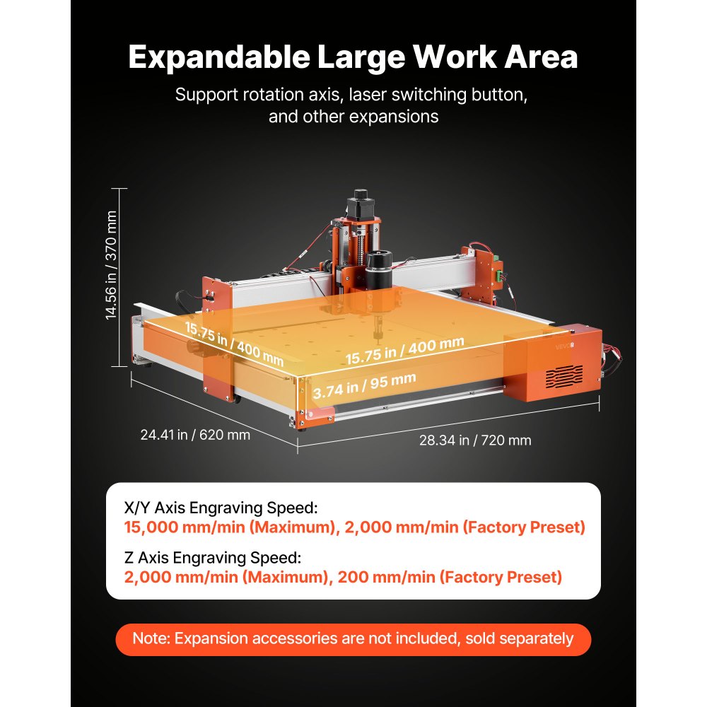 VEVOR Fresadora CNC de Grabado en Madera 3 Ejes, 100 W, con Husillo, Área de Trabajo 40 x 40 x 9,5 cm, Riel Lineal y Estructura de Aleación de Aluminio, para Tallado y Corte de Madera y Acrílico