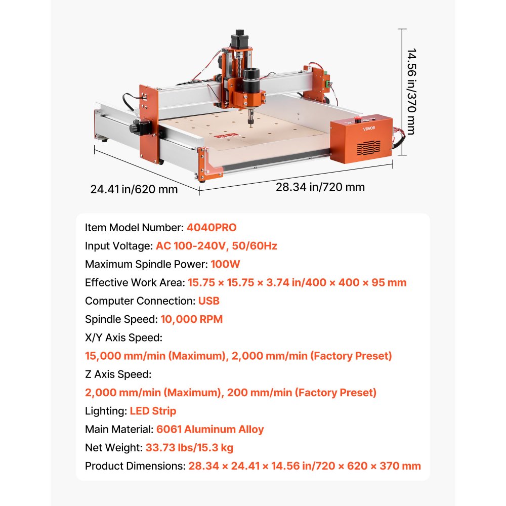 VEVOR Fresadora CNC de Grabado en Madera 3 Ejes, 100 W, con Husillo, Área de Trabajo 40 x 40 x 9,5 cm, Riel Lineal y Estructura de Aleación de Aluminio, para Tallado y Corte de Madera y Acrílico