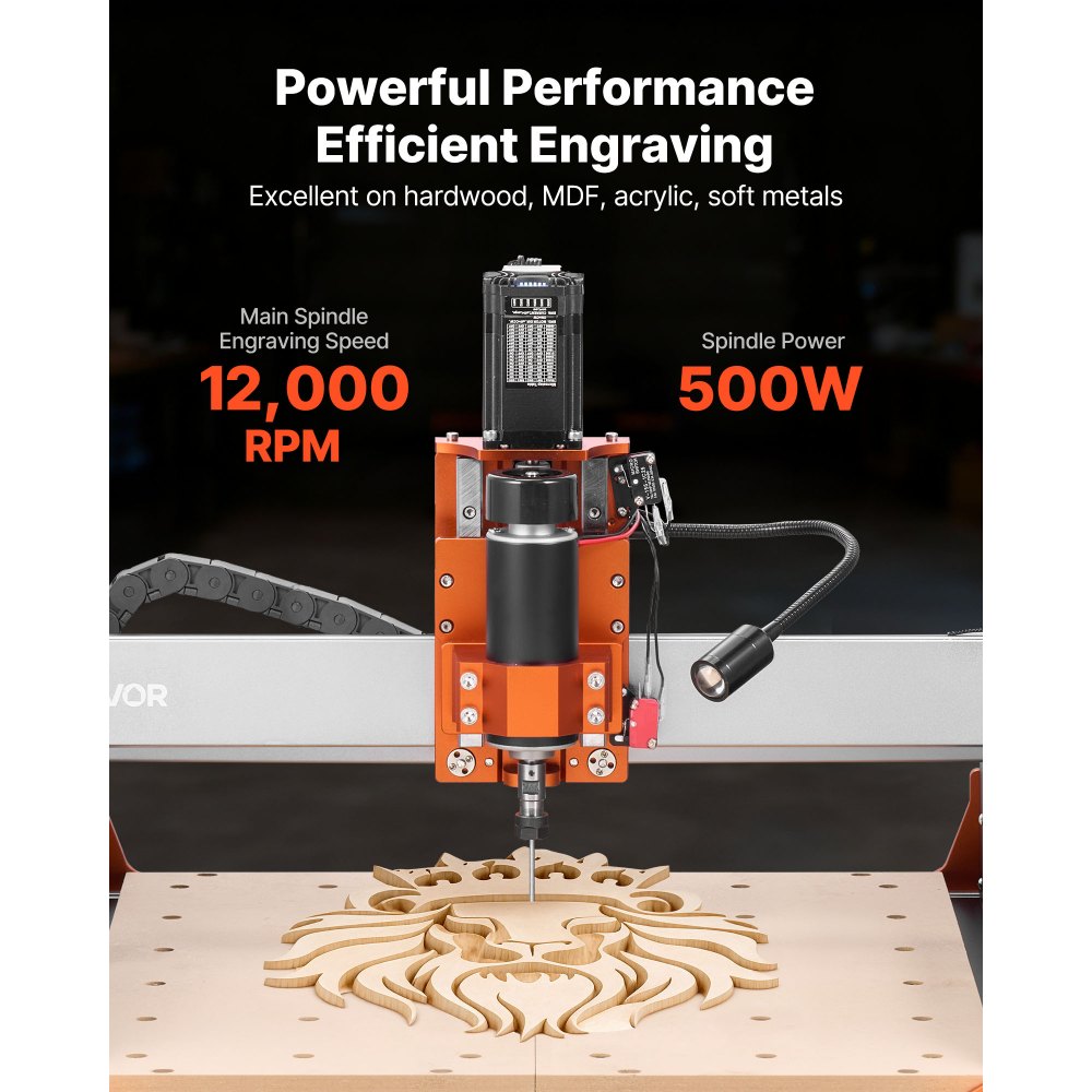 VEVOR Fresadora CNC de Grabado en Madera de 3 Ejes, 500 W, 12000 RPM, con Rieles Lineales Dobles y Husillo de Bolas, Área de Trabajo 40 x 40 x 9,5 cm, para Tallado y Corte de Madera y Acrílico
