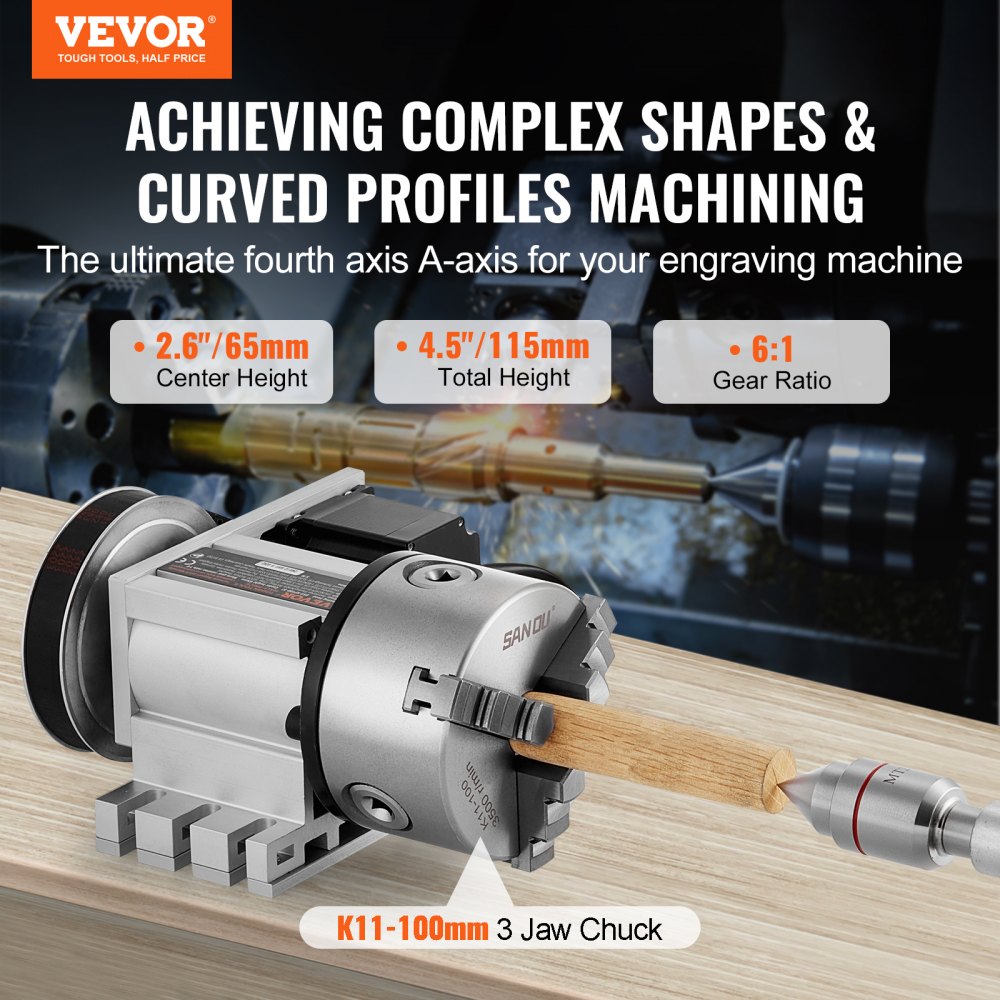 VEVOR Cabezal Divisorio Portabrocas de 3 Mordazas K11-100 mm, Fresadora CNC Eje Rotacional, Cabezal Indexador de Eje A, Altura Central de 65 mm, Contrapunto MT2, Relación de Engranaje 6:1