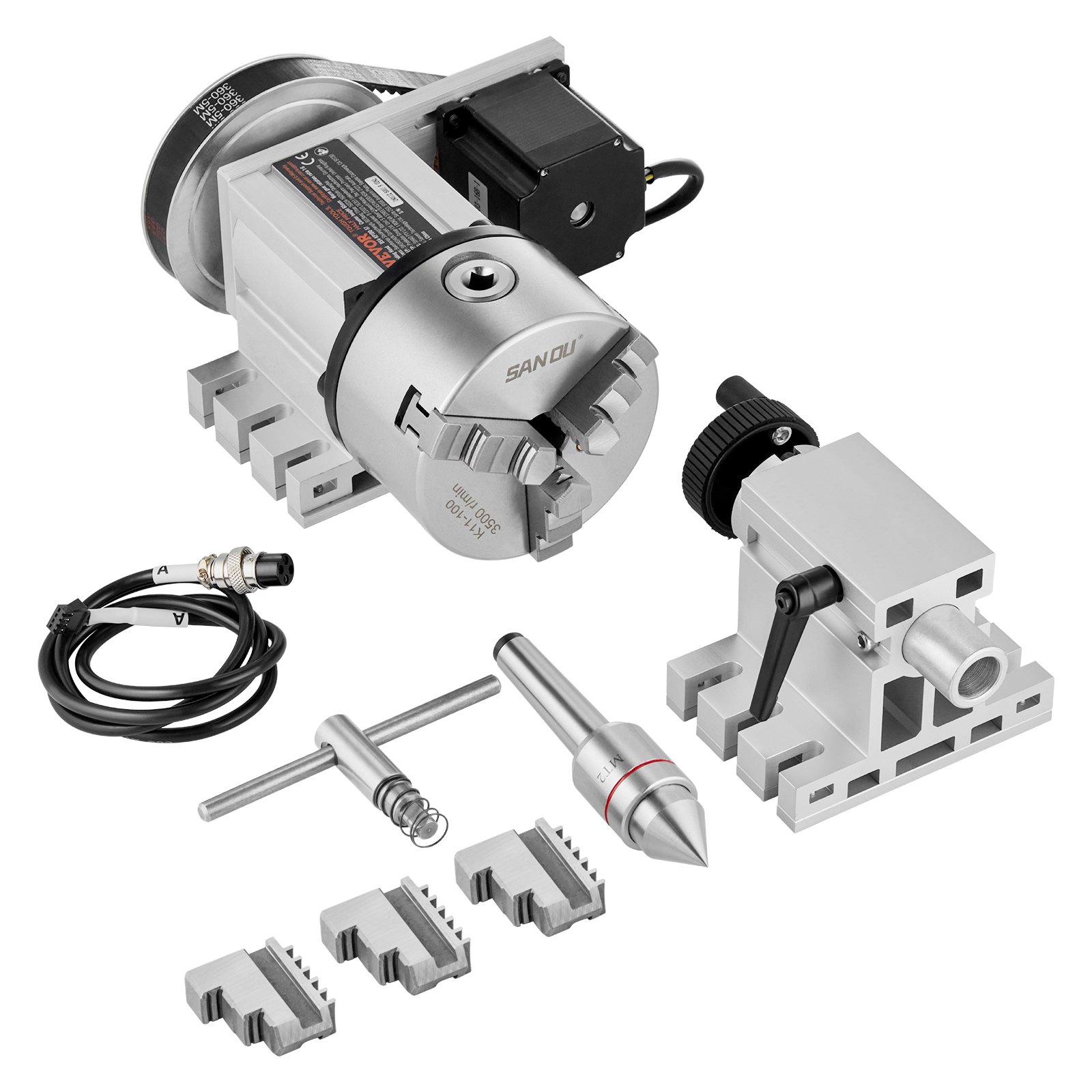 VEVOR Cabezal Divisorio Portabrocas de 3 Mordazas K11-100 mm, Fresadora CNC Eje Rotacional, Cabezal Indexador de Eje A, Altura Central de 65 mm, Contrapunto MT2, Relación de Engranaje 6:1