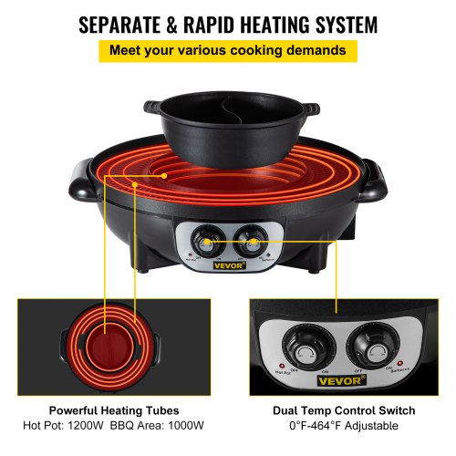 VEVOR Parrilla Eléctrica 2 en 1 para Ollas Calientes 3 L Olla Doble Parrilla Eléctrica para Barbacoa 1200 W (Olla Caliente) +1000 W (Parrilla) Parrilla Eléctrica para Cocinar Filetes, Verduras 0-240 ℃