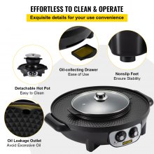 VEVOR Parrilla Eléctrica 2 en 1 para Ollas Calientes 3 L Olla Doble Parrilla Eléctrica para Barbacoa 1200 W (Olla Caliente) +1000 W (Parrilla) Parrilla Eléctrica para Cocinar Filetes, Verduras 0-240 ℃