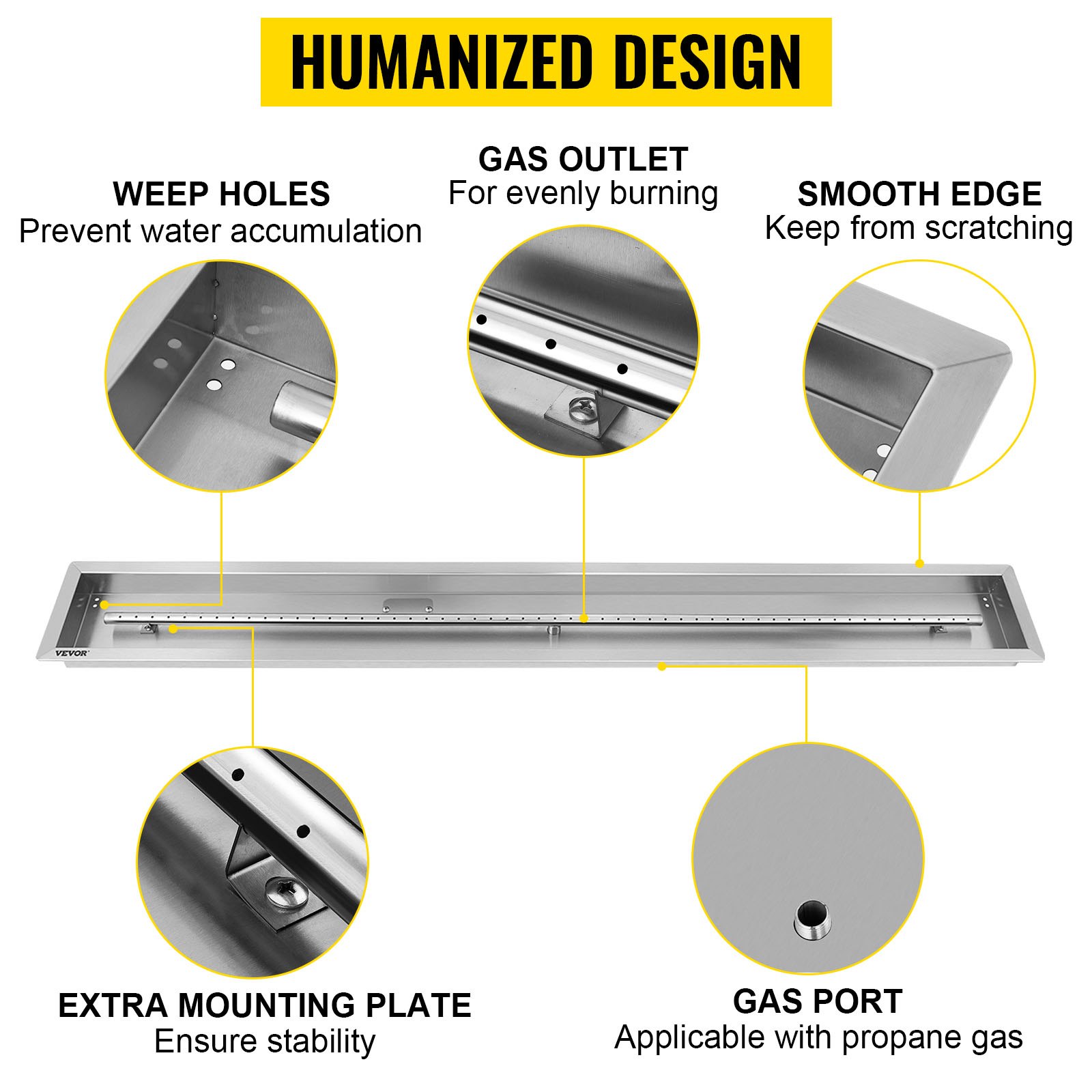 VEVOR Mesa Rectangular de Hoguera de Acero Inoxidable 201, 150 cm x 15,2 cm x 5,0 cm, Brasero Portátil de Mesa de Gas Propano, Exterior Metal para Aire Libre Brasero con Placa de Montaje Extraíble