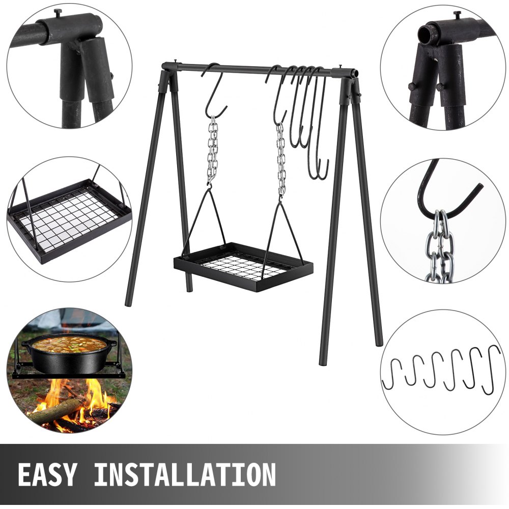 VEVOR Barbacoa Portátil, Soporte de Cocina para Fogata de Acero al Carbono, Equipo de Cocina para Fogatas Negro, Parrilla de Cocina para Fogatas, Cocina para Campamentos, Cocina al Aire Libre