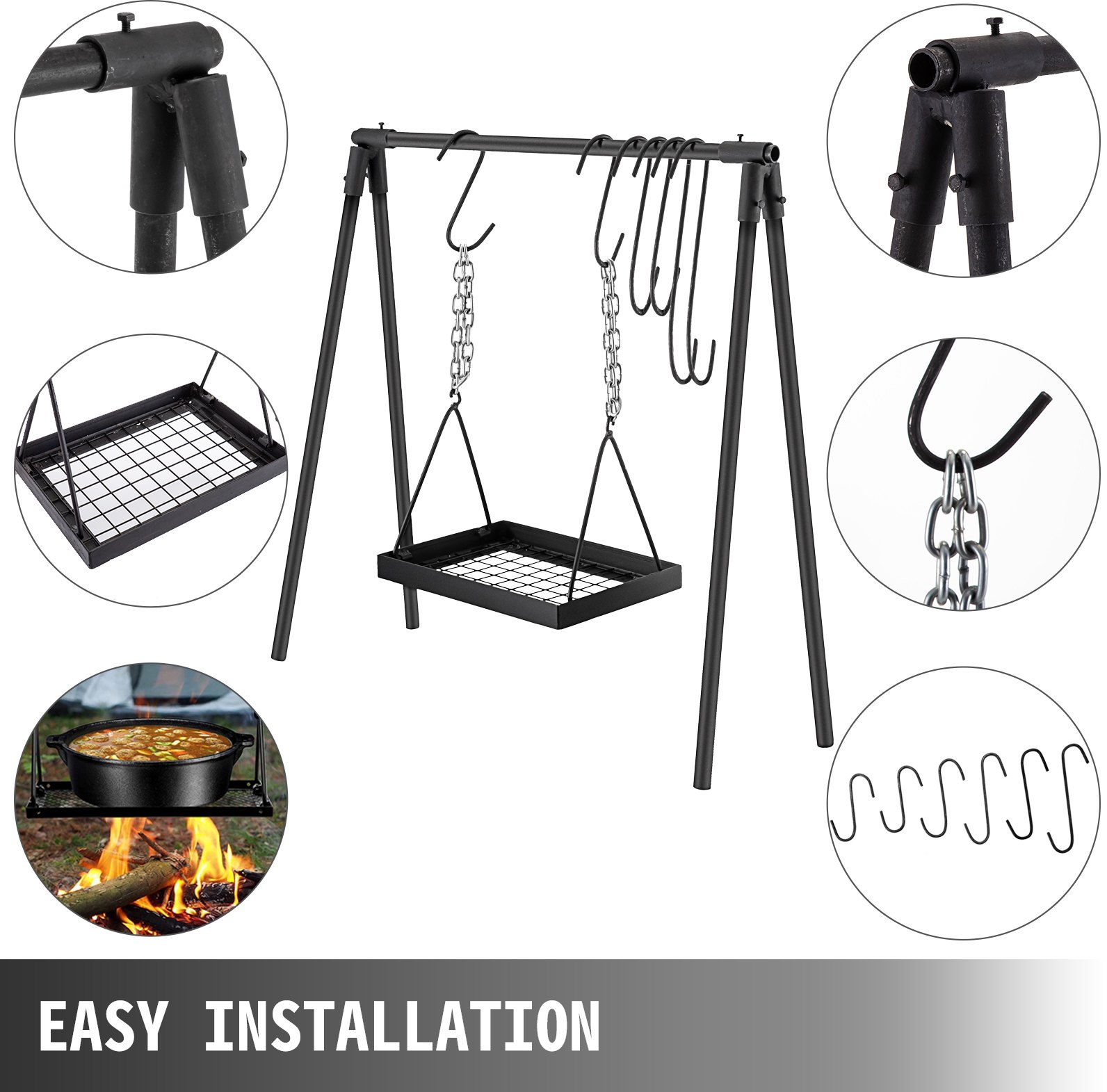 VEVOR Barbacoa Portátil, Soporte de Cocina para Fogata de Acero al Carbono, Equipo de Cocina para Fogatas Negro, Parrilla de Cocina para Fogatas, Cocina para Campamentos, Cocina al Aire Libre