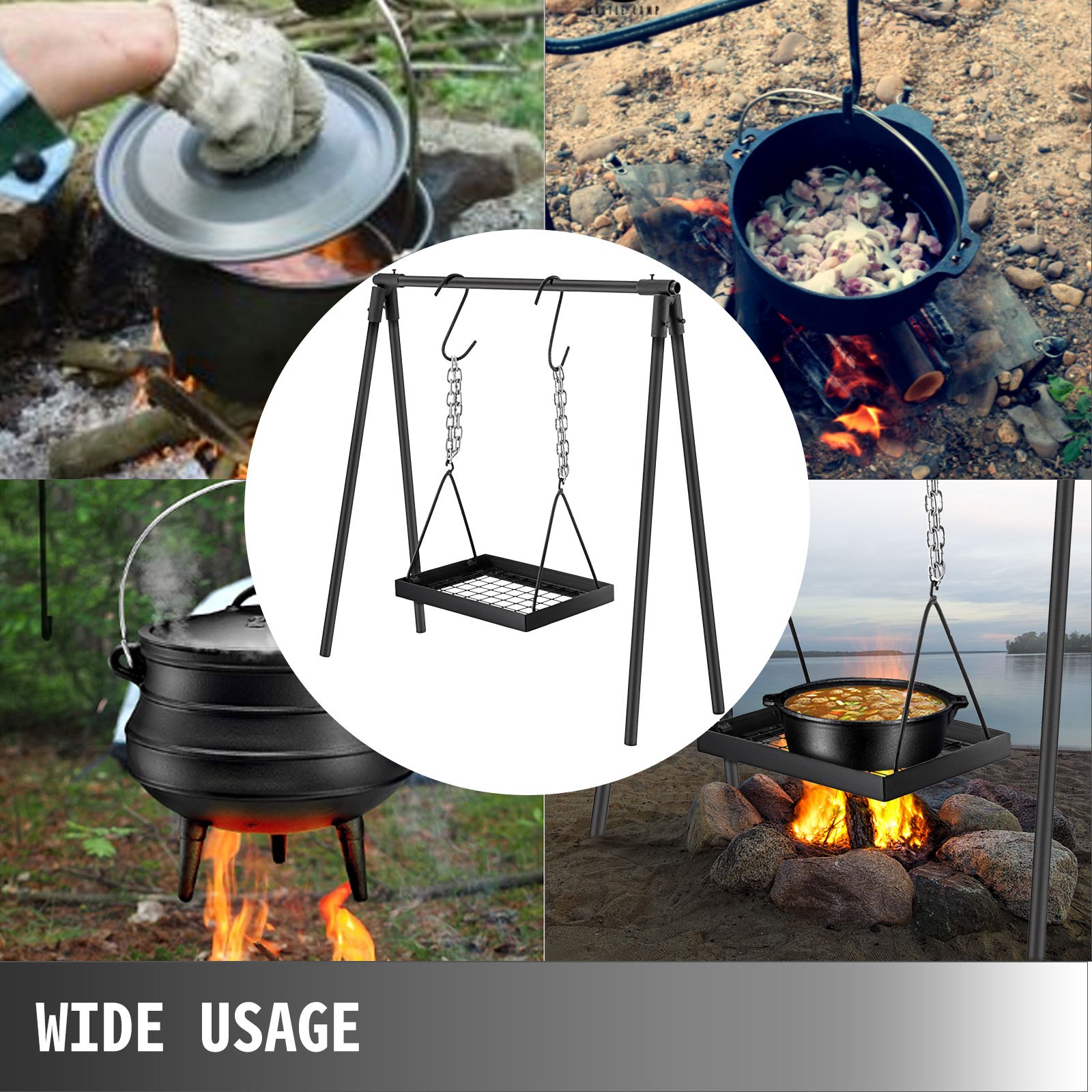 VEVOR Barbacoa Portátil, Soporte de Cocina para Fogata de Acero al Carbono, Equipo de Cocina para Fogatas Negro, Parrilla de Cocina para Fogatas, Cocina para Campamentos, Cocina al Aire Libre