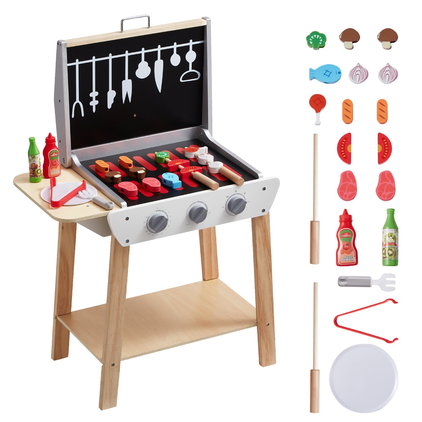 VEVOR Wooden Toy Grill, Children's Grill Playset with Play Food and Grilling Tools, Wooden Kitchen Accessories for Play Food (21 Pieces), Role-Playing Cooking Toy for Toddlers, Boys and Girls Ages 3 and Up, Gift