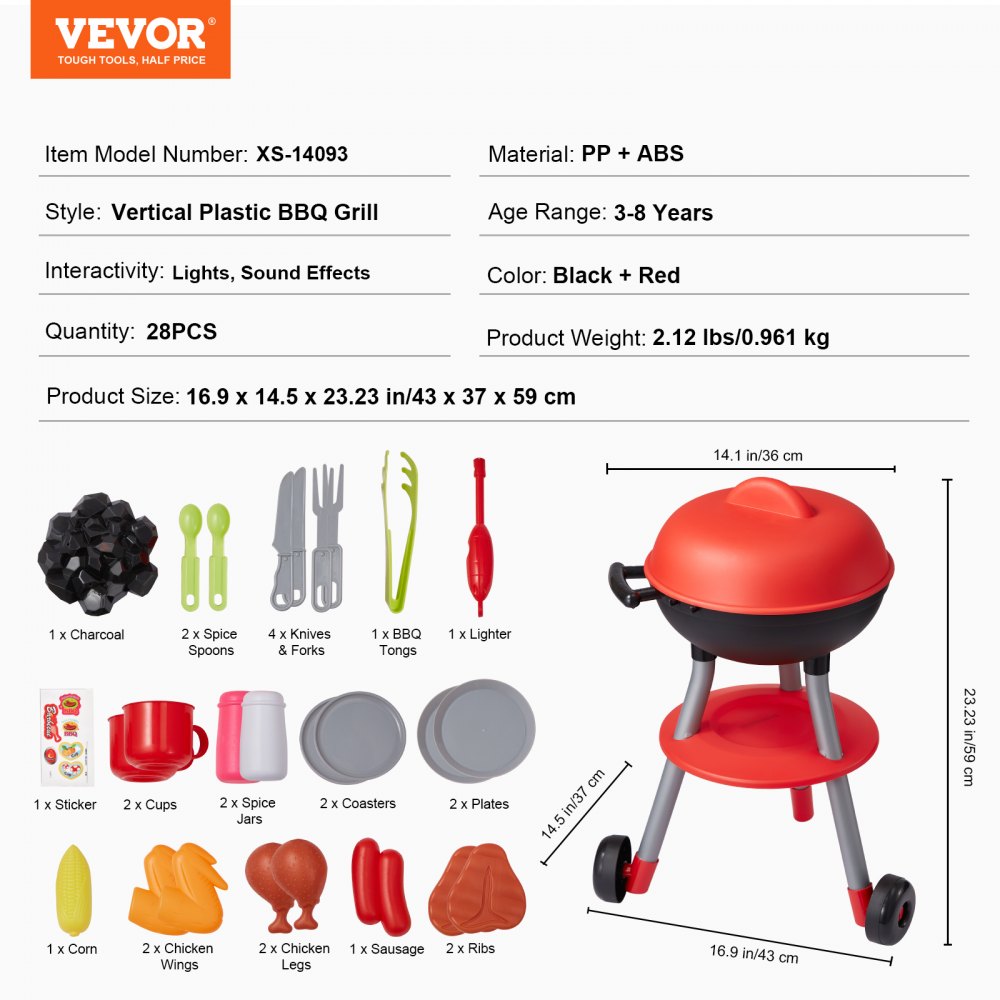 VEVOR 28-Piece Barbecue Playset, Children's Toy Kitchen Playset with Sound and Light, Playset for Little Chefs, Interactive Barbecue Game, Food Cooking Playset, Toy Barbecue for Toddlers, Boys and Girls Ages 3-5 Years, Birthday Gift