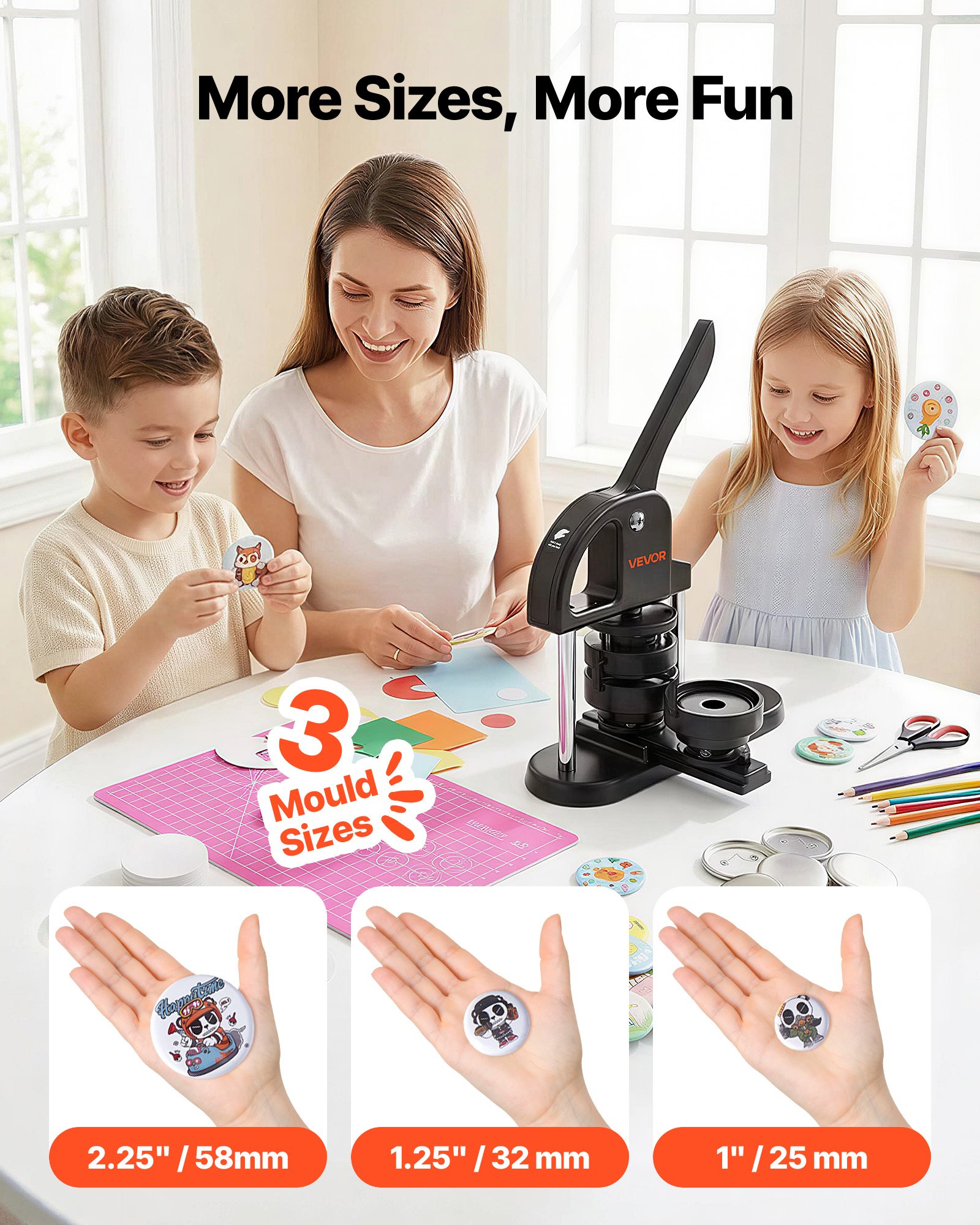 VEVOR Máquina para Hacer Botones de 25/32/58 mm Prensa para Insignias con 300 Kits de Consumibles Libro Mágico y Cortador de Círculos Fabricante de Insignias de Plástico Resistente para Hacer Botones