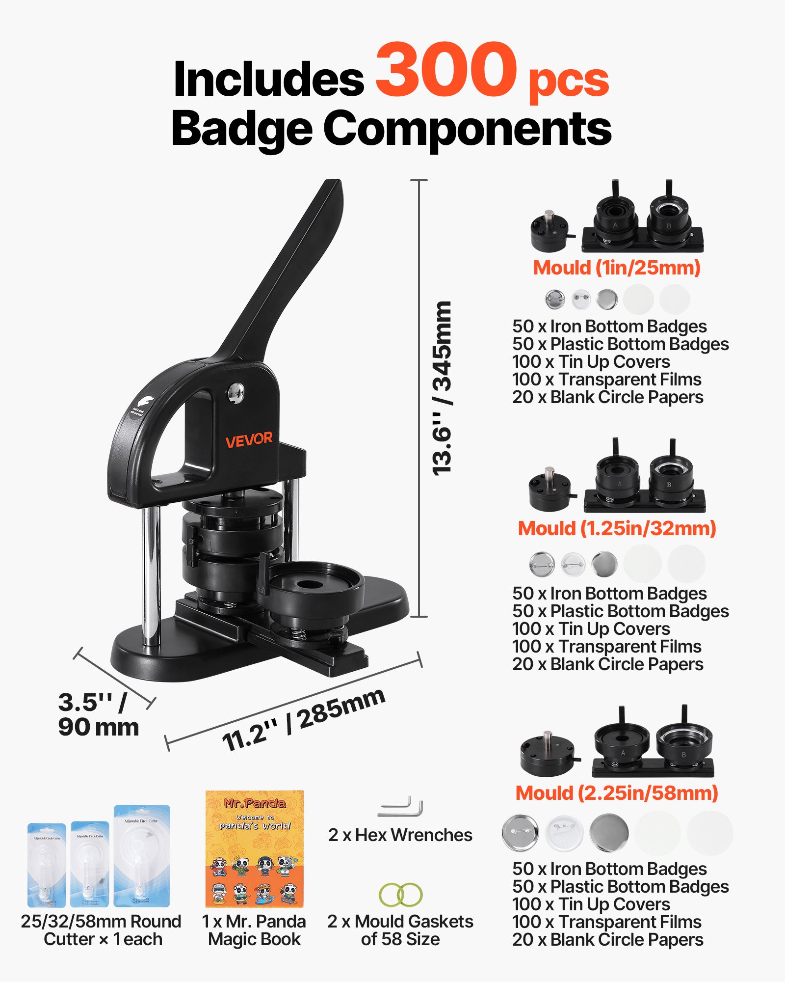 VEVOR Máquina para Hacer Botones de 25/32/58 mm Prensa para Insignias con 300 Kits de Consumibles Libro Mágico y Cortador de Círculos Fabricante de Insignias de Plástico Resistente para Hacer Botones
