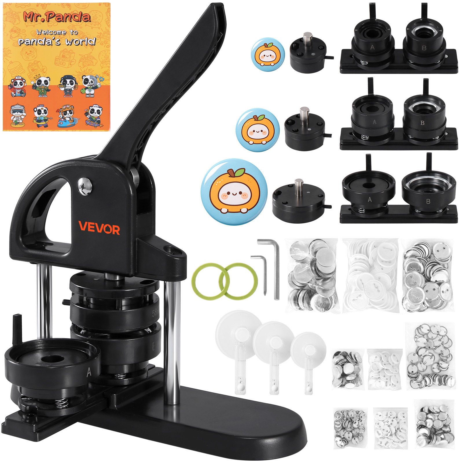 VEVOR Máquina para Hacer Botones de 25/32/58 mm Prensa para Insignias con 300 Kits de Consumibles Libro Mágico y Cortador de Círculos Fabricante de Insignias de Plástico Resistente para Hacer Botones